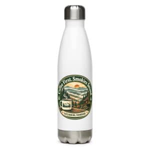 Gatlinburg and the Smokies Stainless Steel Water Bottle: Coffee First. Smokies Second, Vintage Round Badge - 17 oz - Main