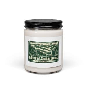 Gatlinburg and the Smokies Soy Wax Candle: Coffee First. Smokies Second, Forest Ink Stamp - 9oz - Main