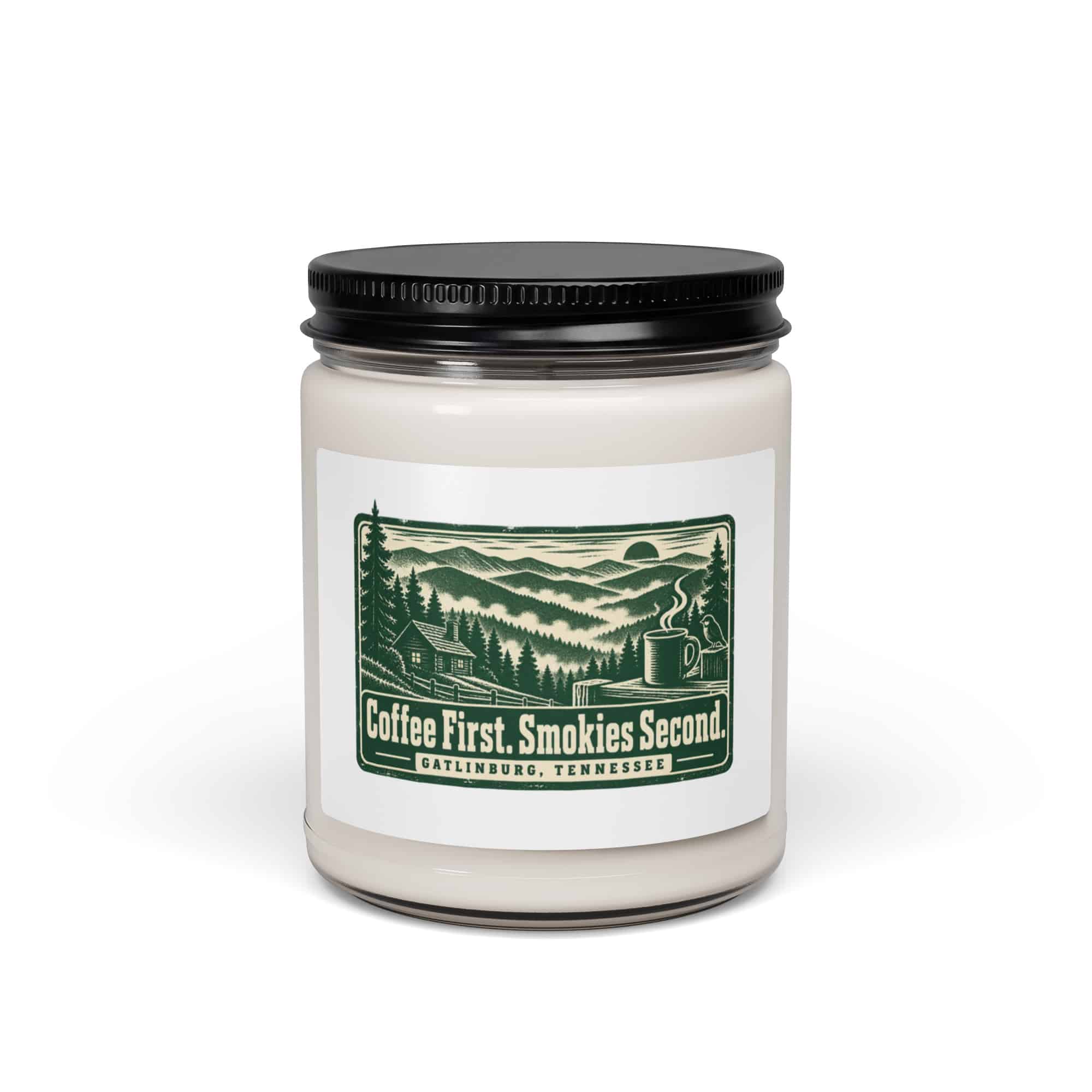 Gatlinburg and the Smokies Soy Wax Candle: Coffee First. Smokies Second, Forest Ink Stamp