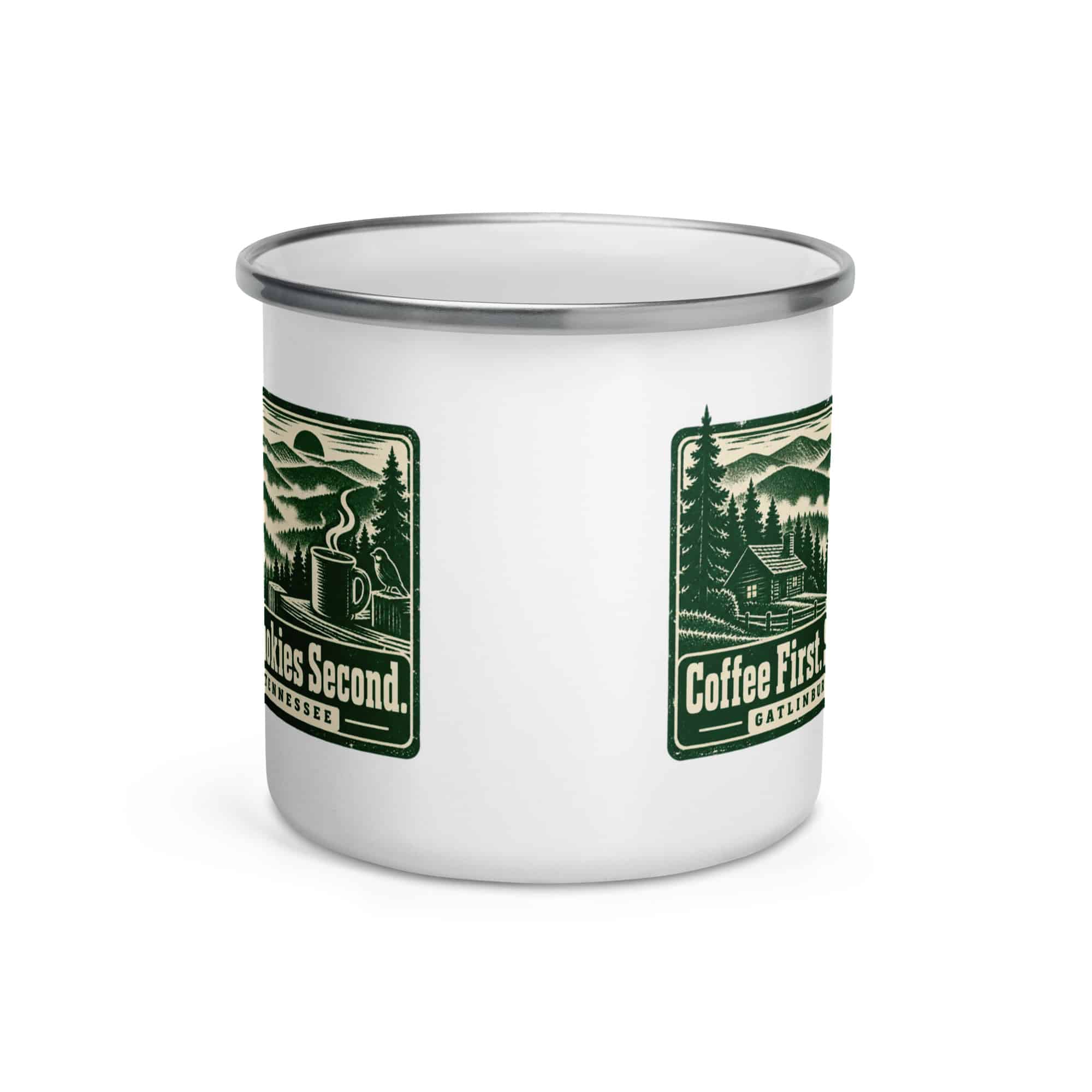 Gatlinburg and the Smokies Enamel Camp Mug: Coffee First. Smokies Second, Forest Ink Stamp