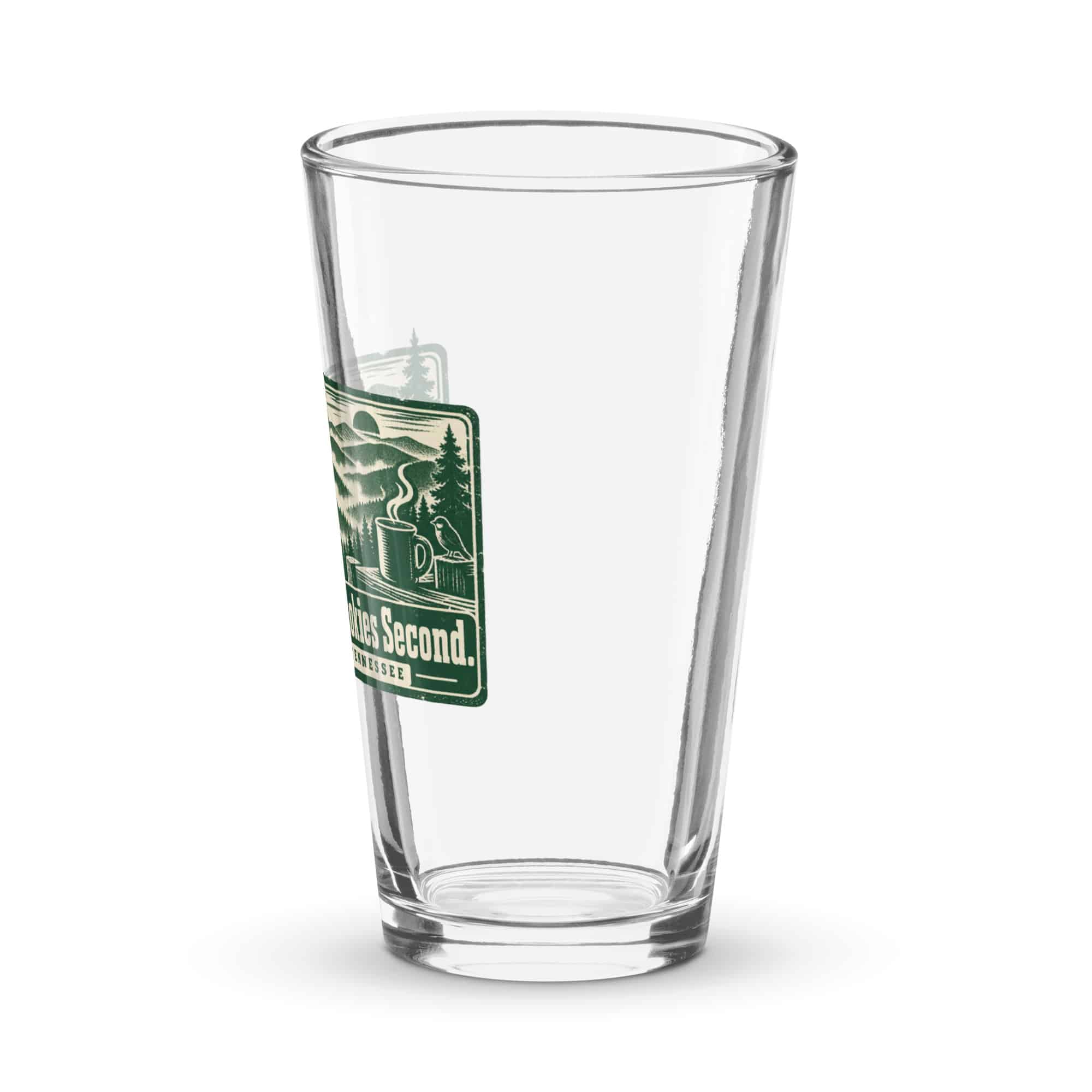 Gatlinburg and the Smokies Pint Glass: Coffee First. Smokies Second, Forest Ink Stamp