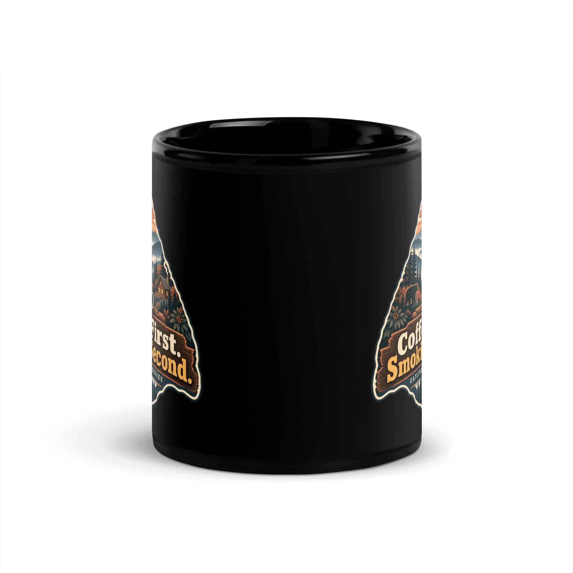 Gatlinburg and the Smokies Black Coffee Mug: Coffee First. Smokies Second, Scenic Shield Badge