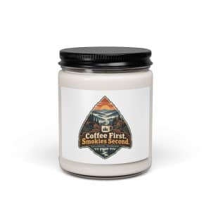 Gatlinburg and the Smokies Soy Wax Candle: Coffee First. Smokies Second, Scenic Shield Badge - 9oz - Main