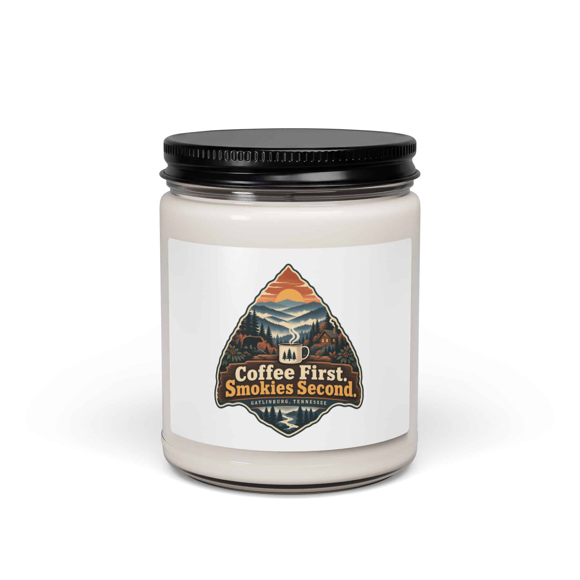 Gatlinburg and the Smokies Soy Wax Candle: Coffee First. Smokies Second, Scenic Shield Badge