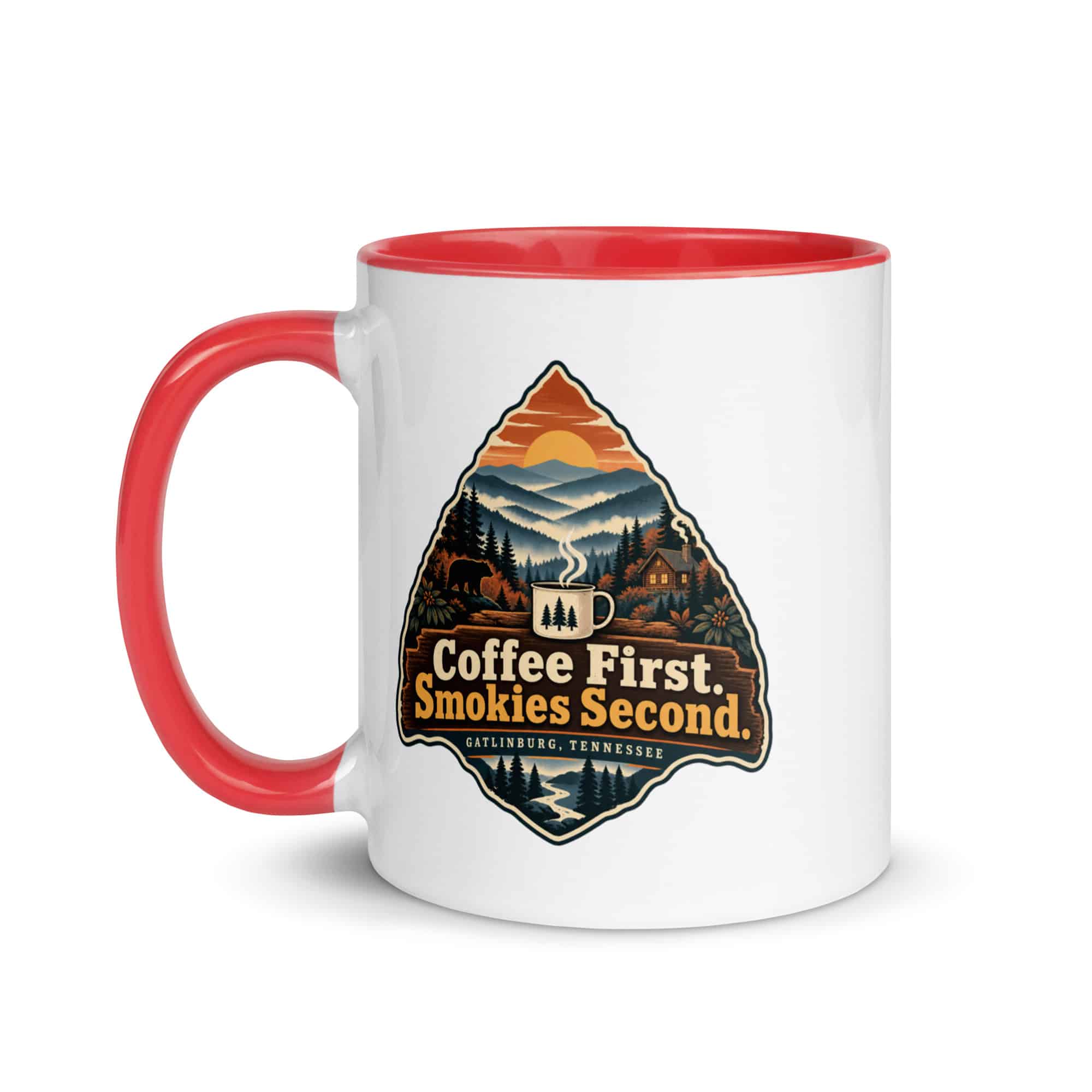 Gatlinburg and the Smokies Color Inside Coffee Mug: Coffee First. Smokies Second, Scenic Shield Badge