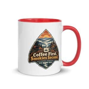 Gatlinburg and the Smokies Color Inside Coffee Mug: Coffee First. Smokies Second, Scenic Shield Badge - 11 oz - Main