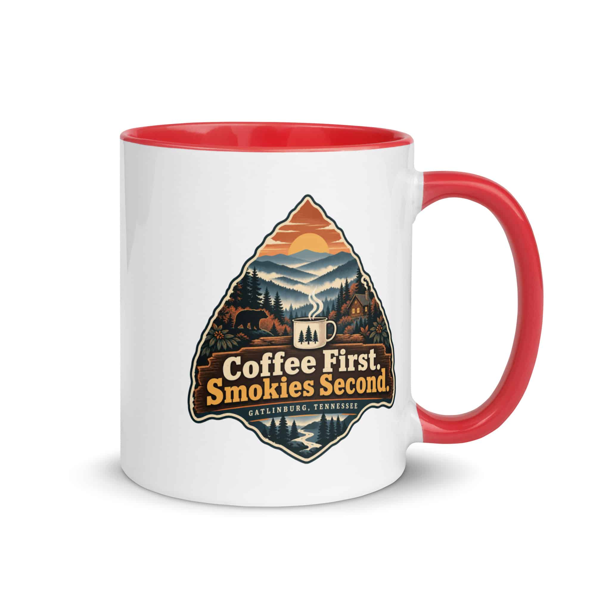 Gatlinburg and the Smokies Color Inside Coffee Mug: Coffee First. Smokies Second, Scenic Shield Badge