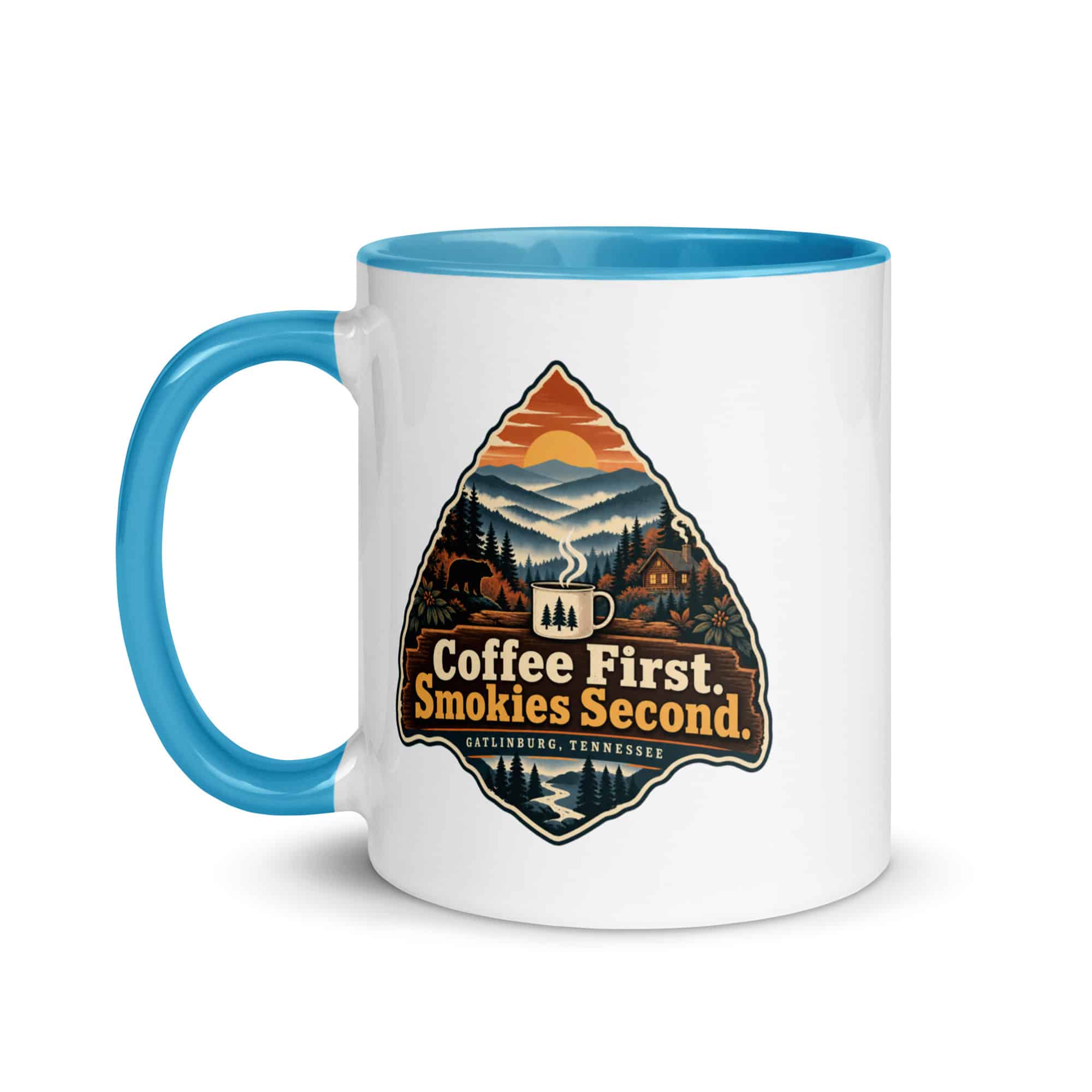 Gatlinburg and the Smokies Color Inside Coffee Mug: Coffee First. Smokies Second, Scenic Shield Badge