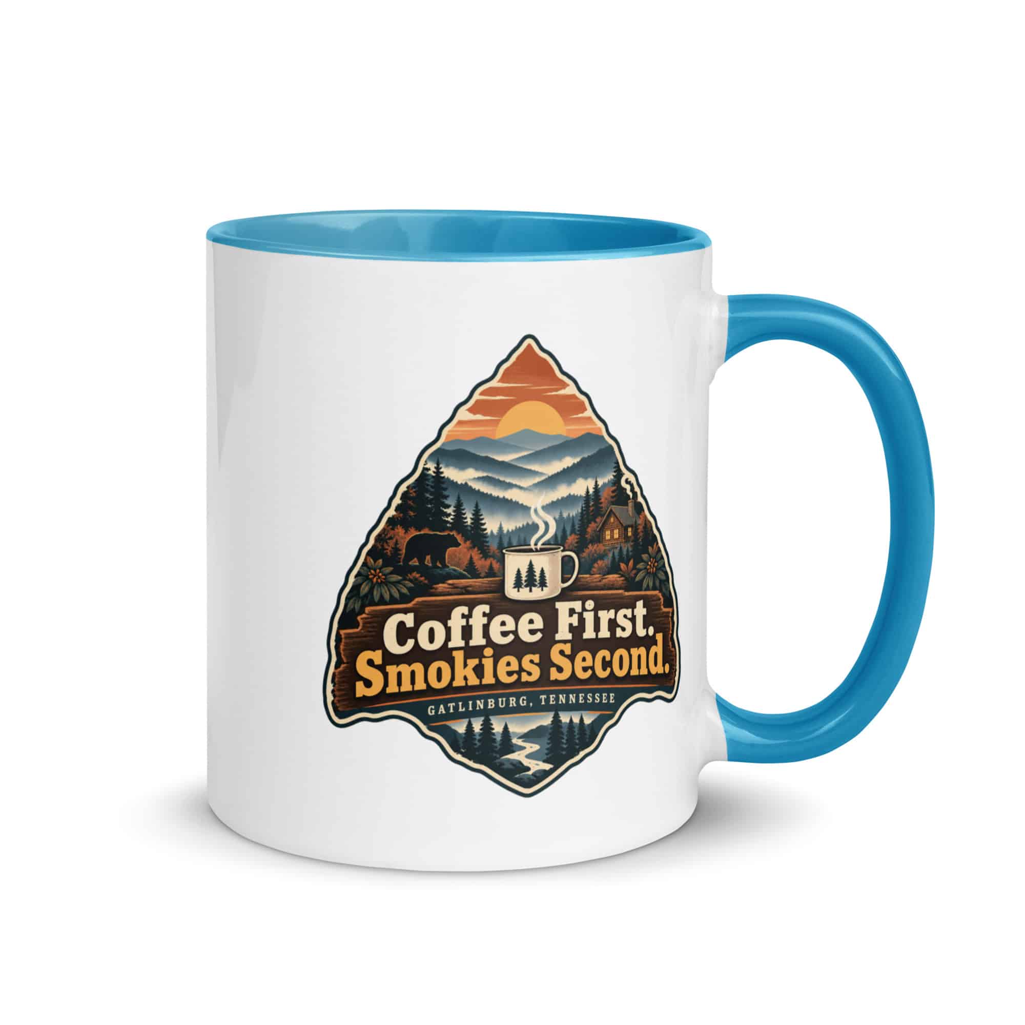 Gatlinburg and the Smokies Color Inside Coffee Mug: Coffee First. Smokies Second, Scenic Shield Badge