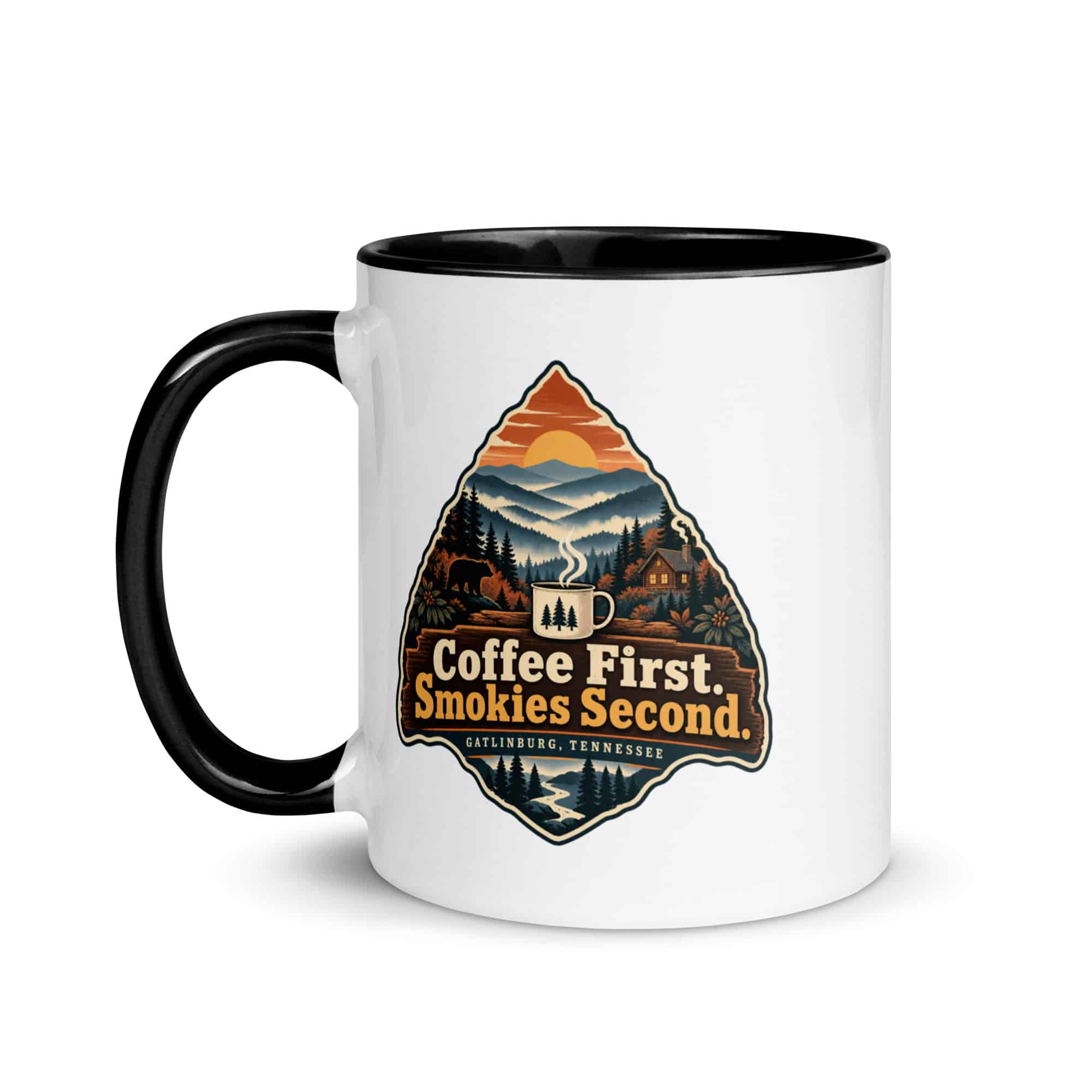 Gatlinburg and the Smokies Color Inside Coffee Mug: Coffee First. Smokies Second, Scenic Shield Badge