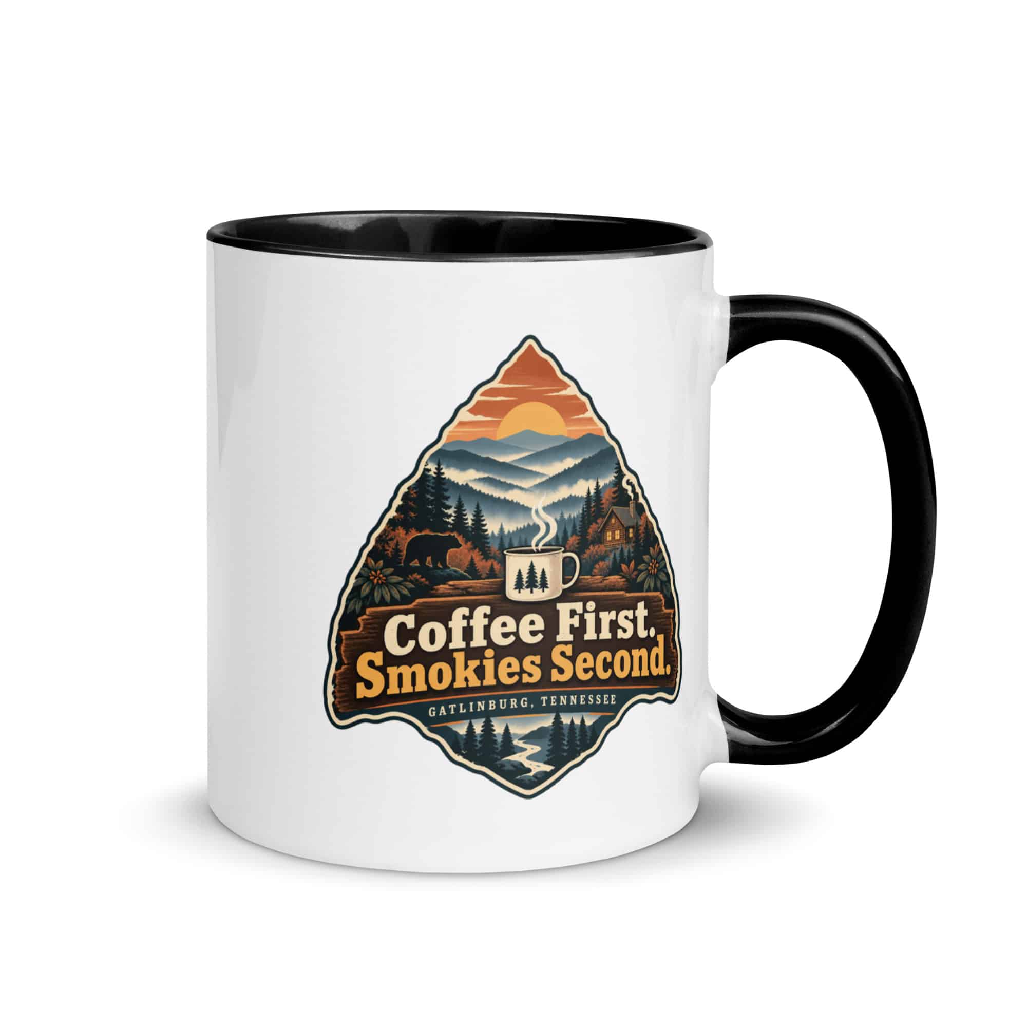 Gatlinburg and the Smokies Color Inside Coffee Mug: Coffee First. Smokies Second, Scenic Shield Badge