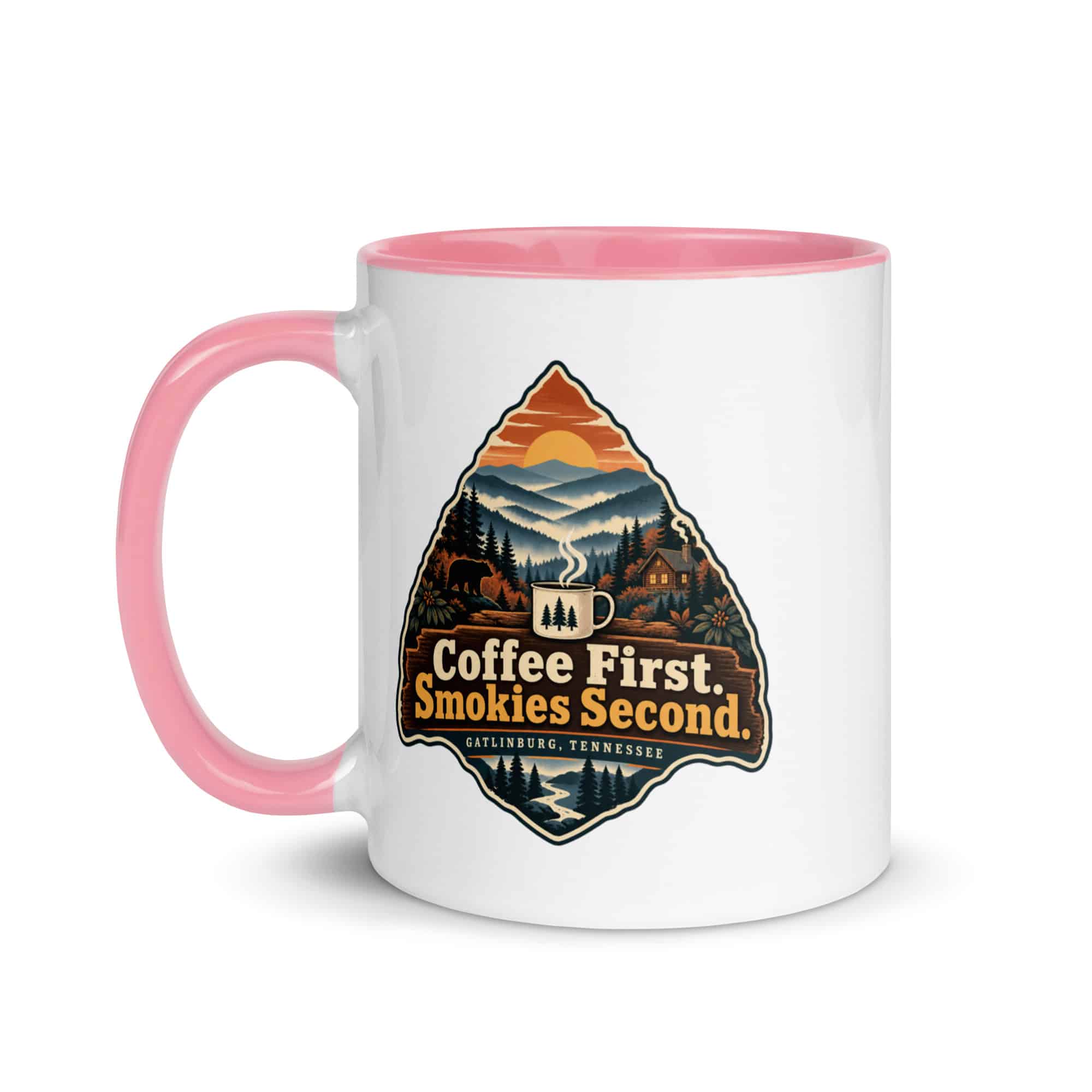 Gatlinburg and the Smokies Color Inside Coffee Mug: Coffee First. Smokies Second, Scenic Shield Badge