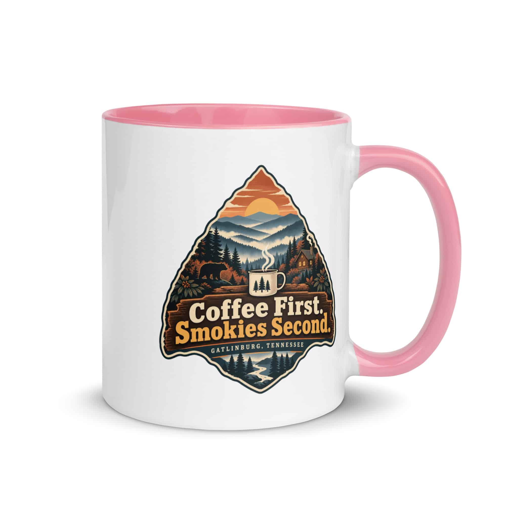 Gatlinburg and the Smokies Color Inside Coffee Mug: Coffee First. Smokies Second, Scenic Shield Badge