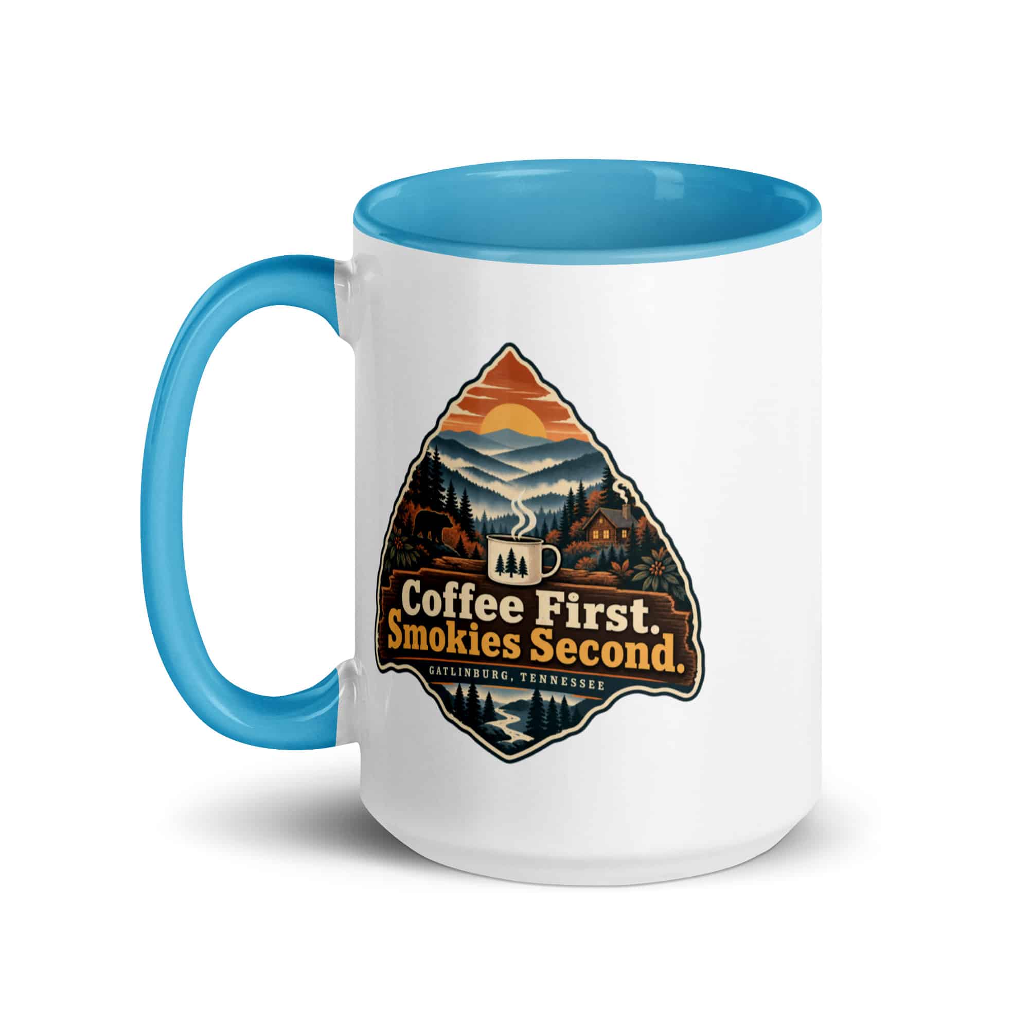 Gatlinburg and the Smokies Color Inside Coffee Mug: Coffee First. Smokies Second, Scenic Shield Badge