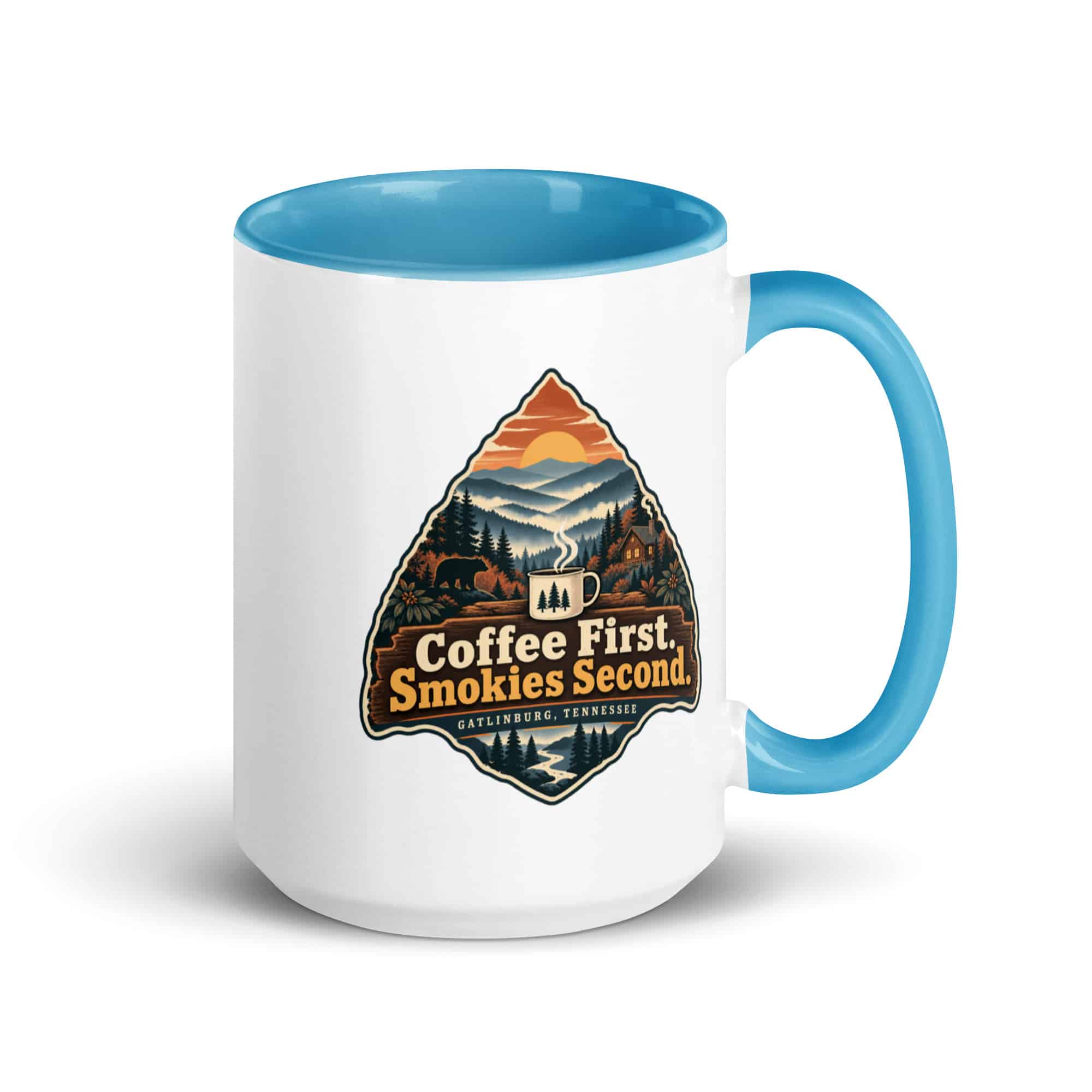 Gatlinburg and the Smokies Color Inside Coffee Mug: Coffee First. Smokies Second, Scenic Shield Badge