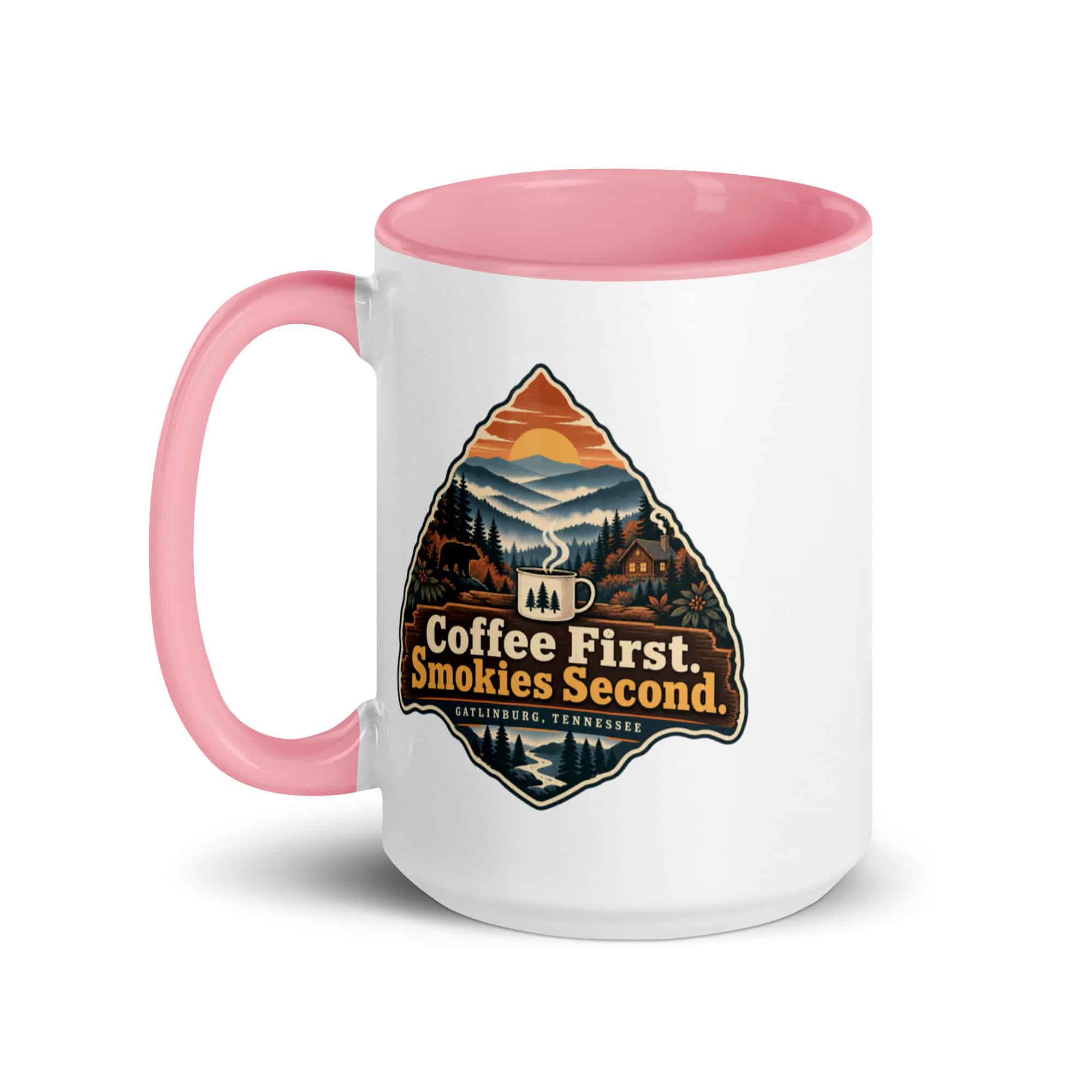 Gatlinburg and the Smokies Color Inside Coffee Mug: Coffee First. Smokies Second, Scenic Shield Badge