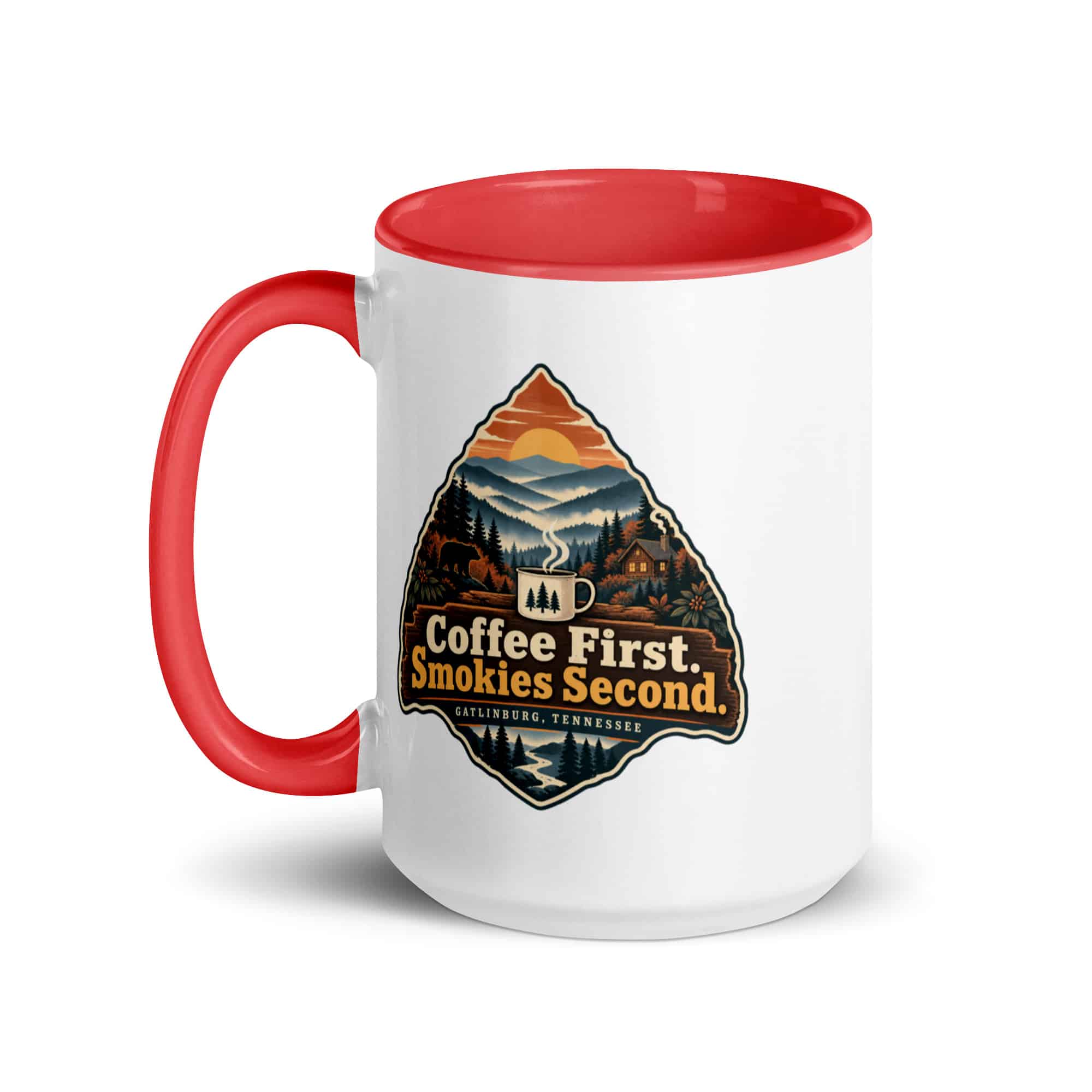 Gatlinburg and the Smokies Color Inside Coffee Mug: Coffee First. Smokies Second, Scenic Shield Badge