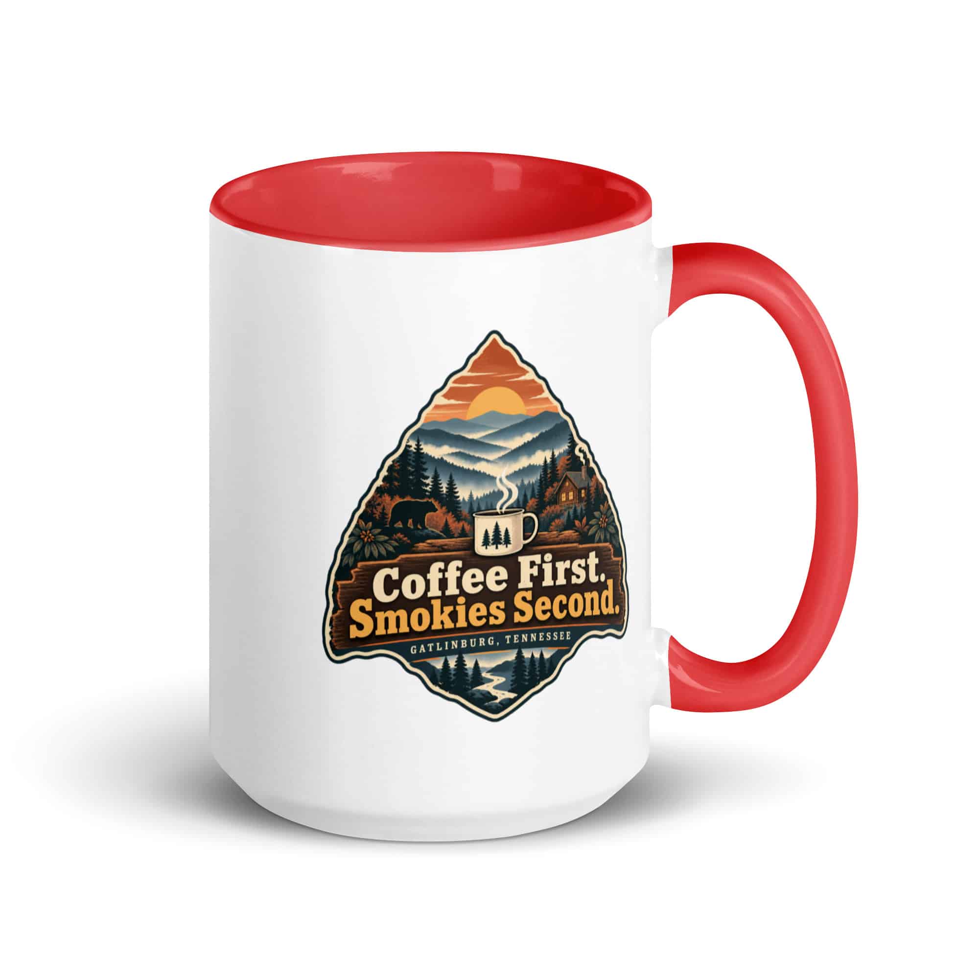 Gatlinburg and the Smokies Color Inside Coffee Mug: Coffee First. Smokies Second, Scenic Shield Badge