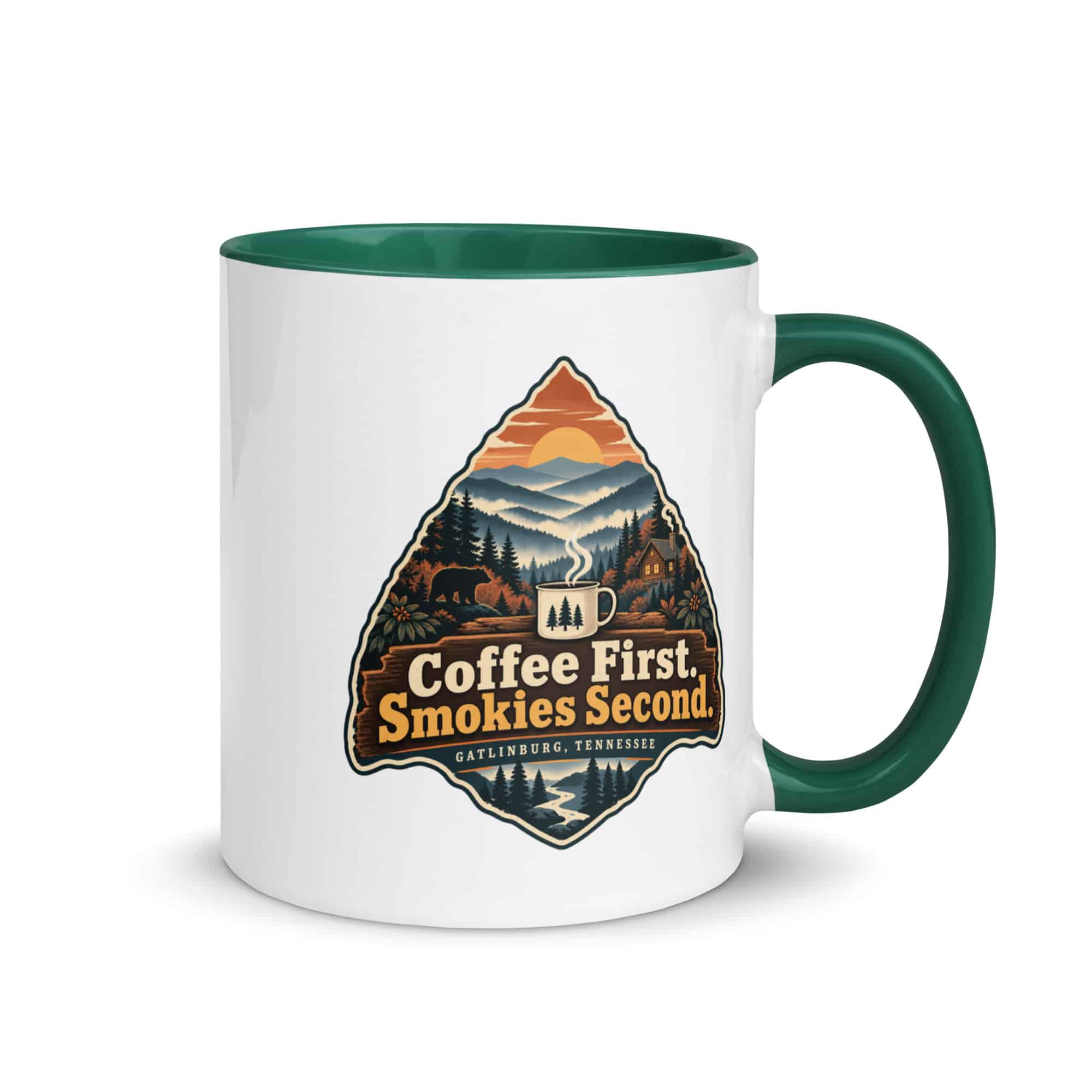 Gatlinburg and the Smokies Color Inside Coffee Mug: Coffee First. Smokies Second, Scenic Shield Badge