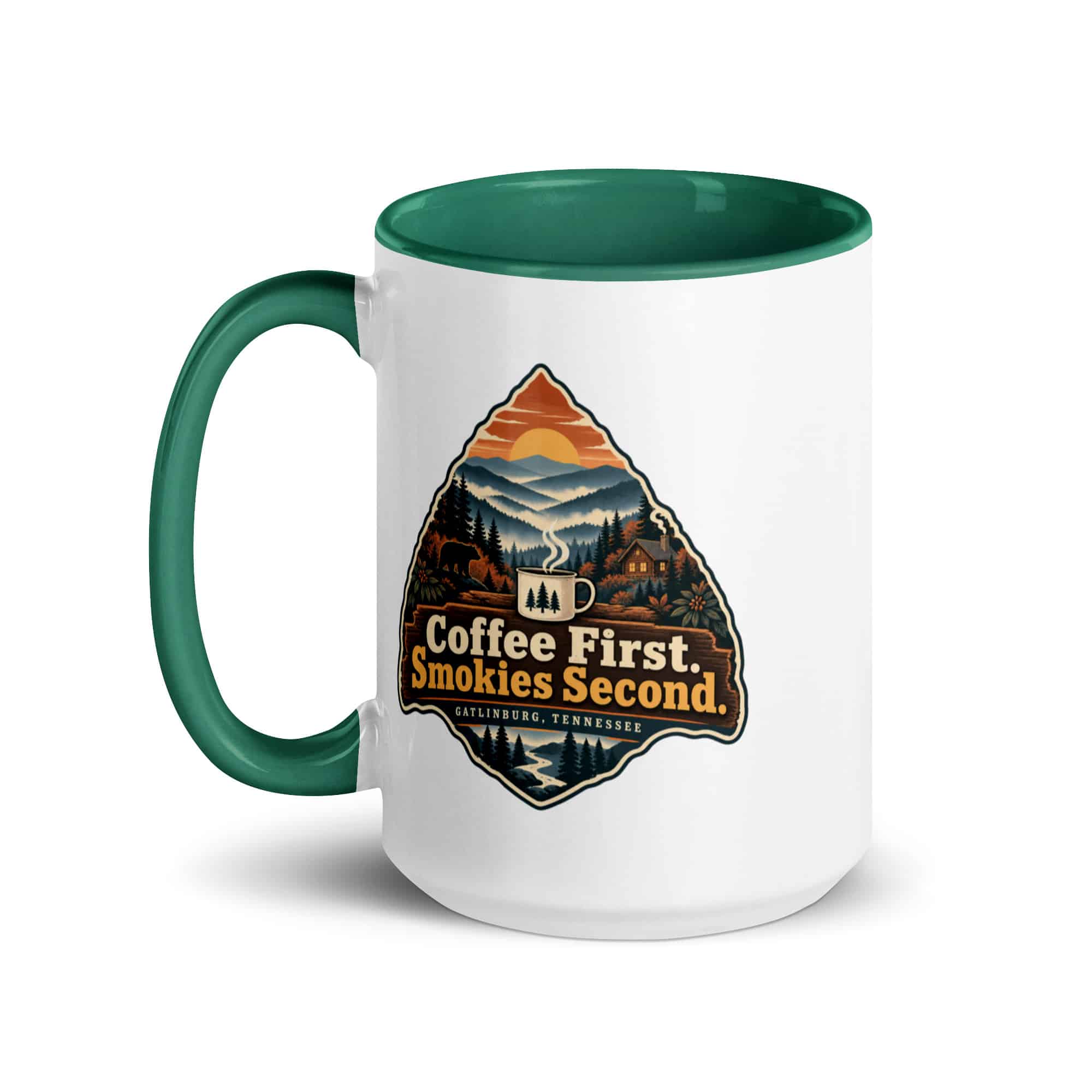 Gatlinburg and the Smokies Color Inside Coffee Mug: Coffee First. Smokies Second, Scenic Shield Badge