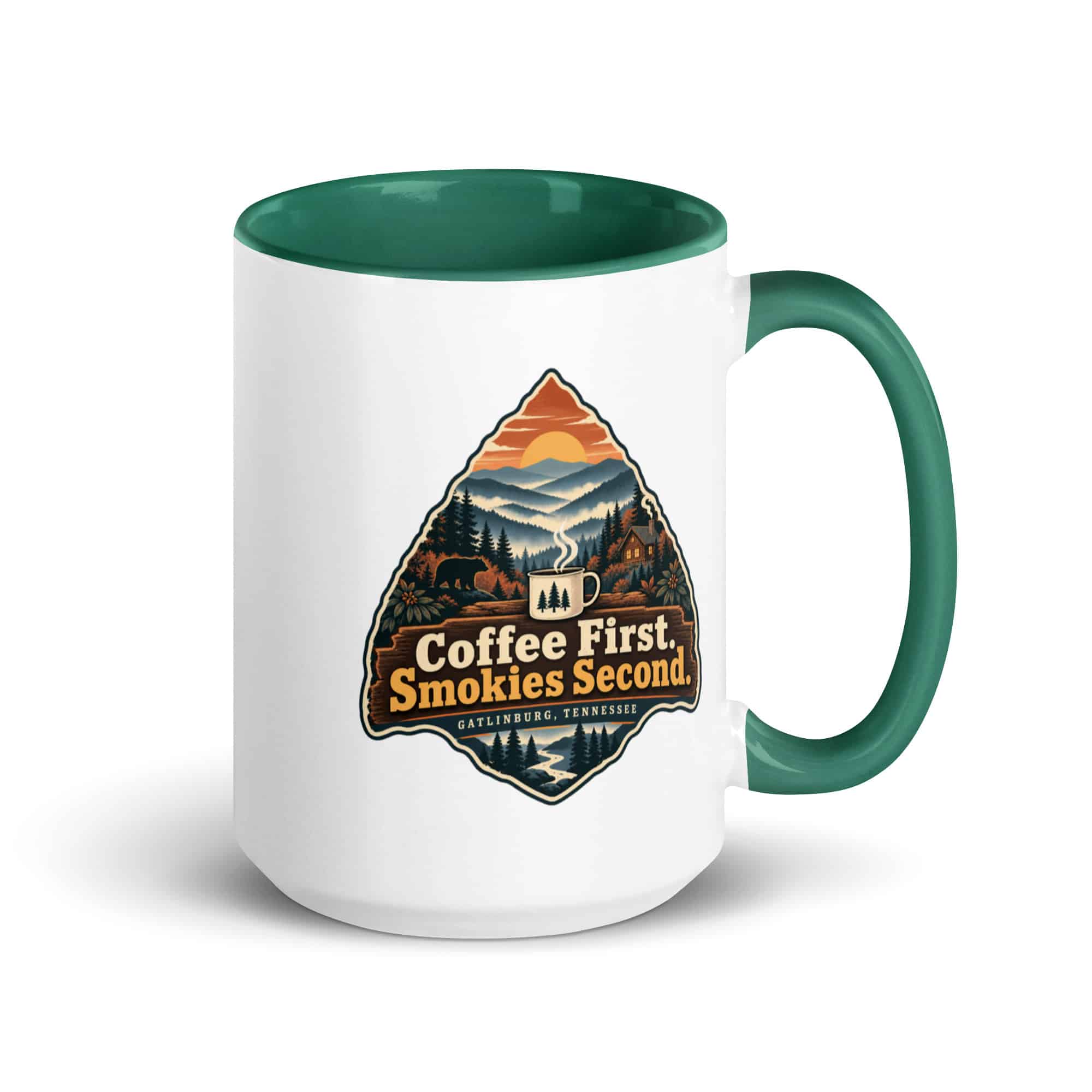 Gatlinburg and the Smokies Color Inside Coffee Mug: Coffee First. Smokies Second, Scenic Shield Badge