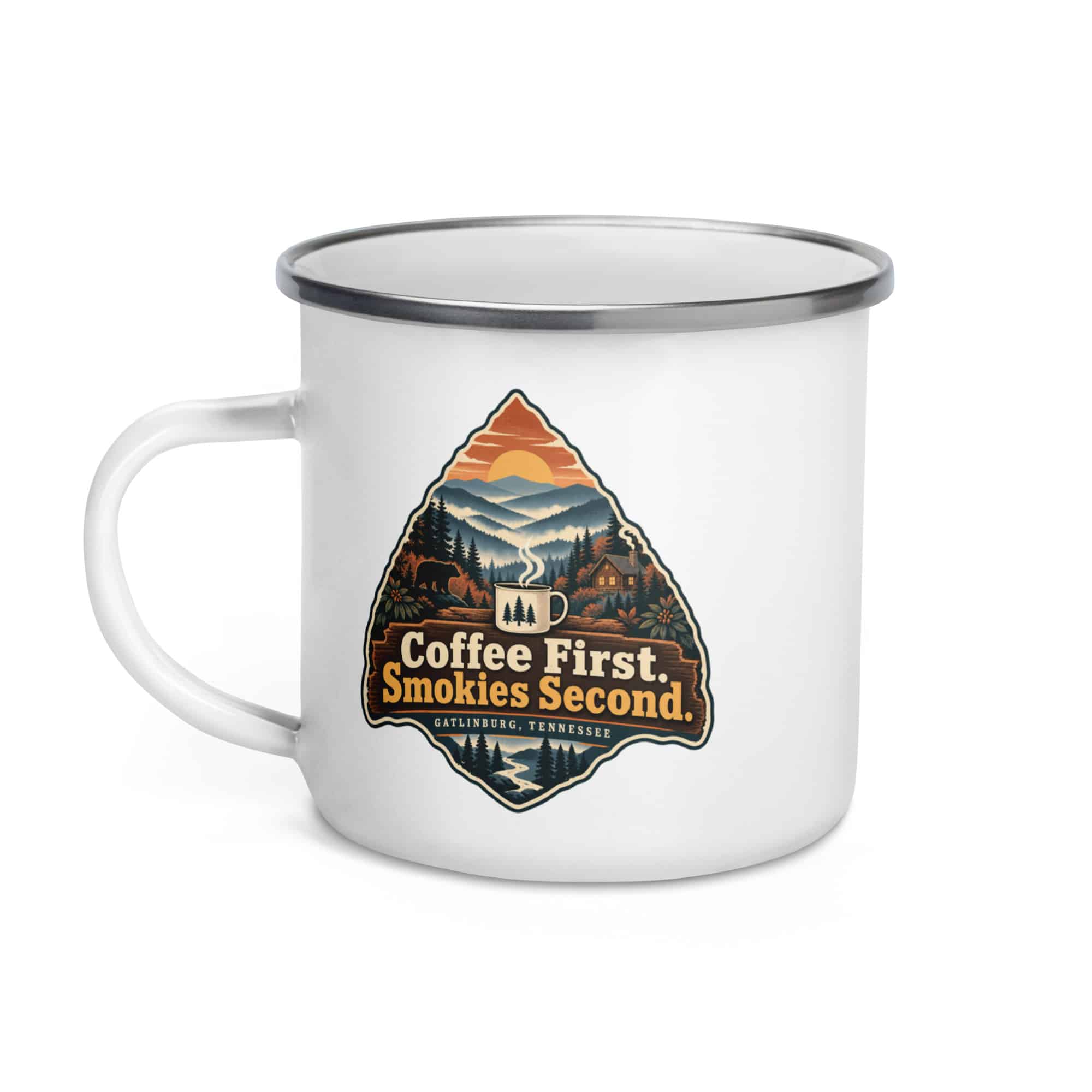 Gatlinburg and the Smokies Enamel Camp Mug: Coffee First. Smokies Second, Scenic Shield Badge