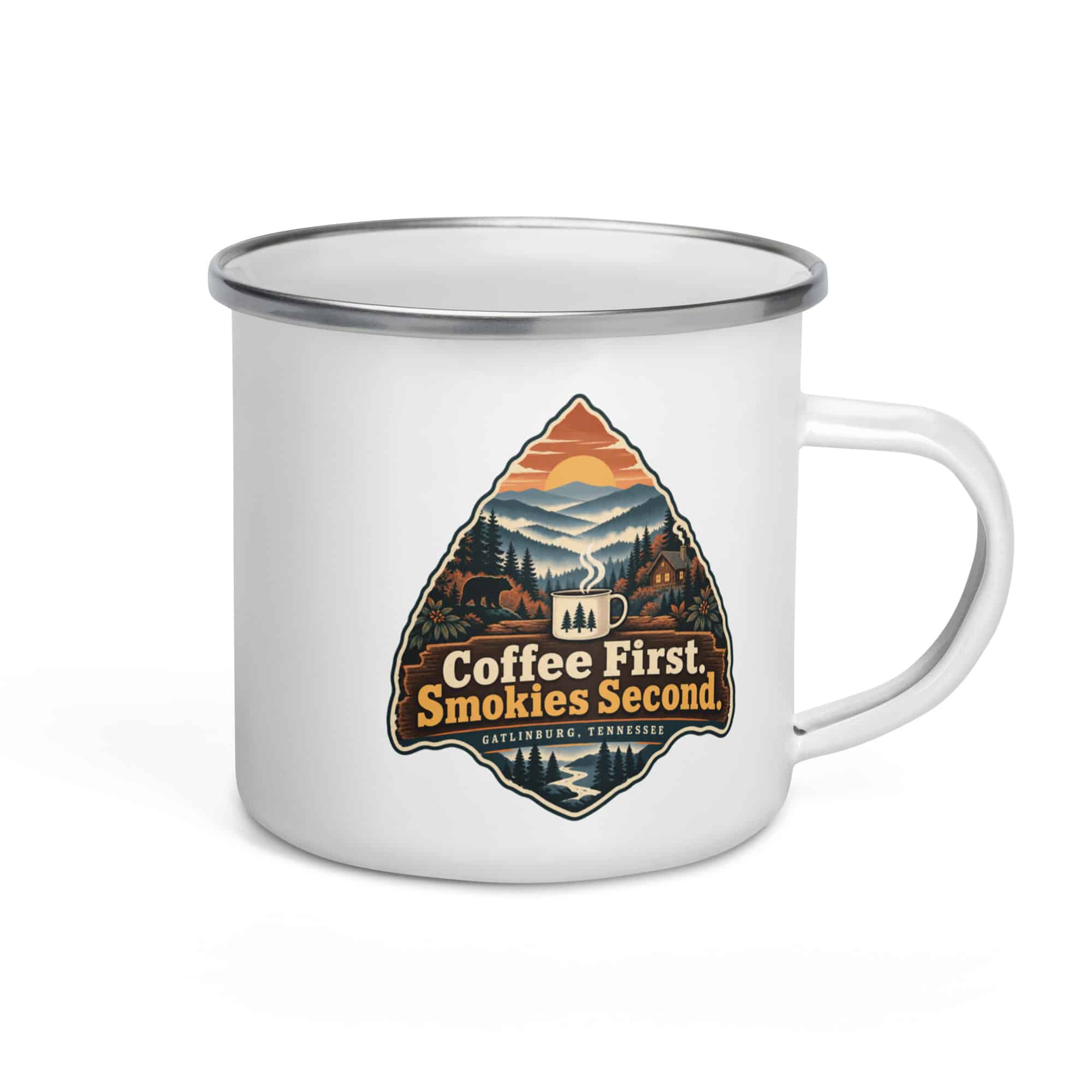 Gatlinburg and the Smokies Enamel Camp Mug: Coffee First. Smokies Second, Scenic Shield Badge