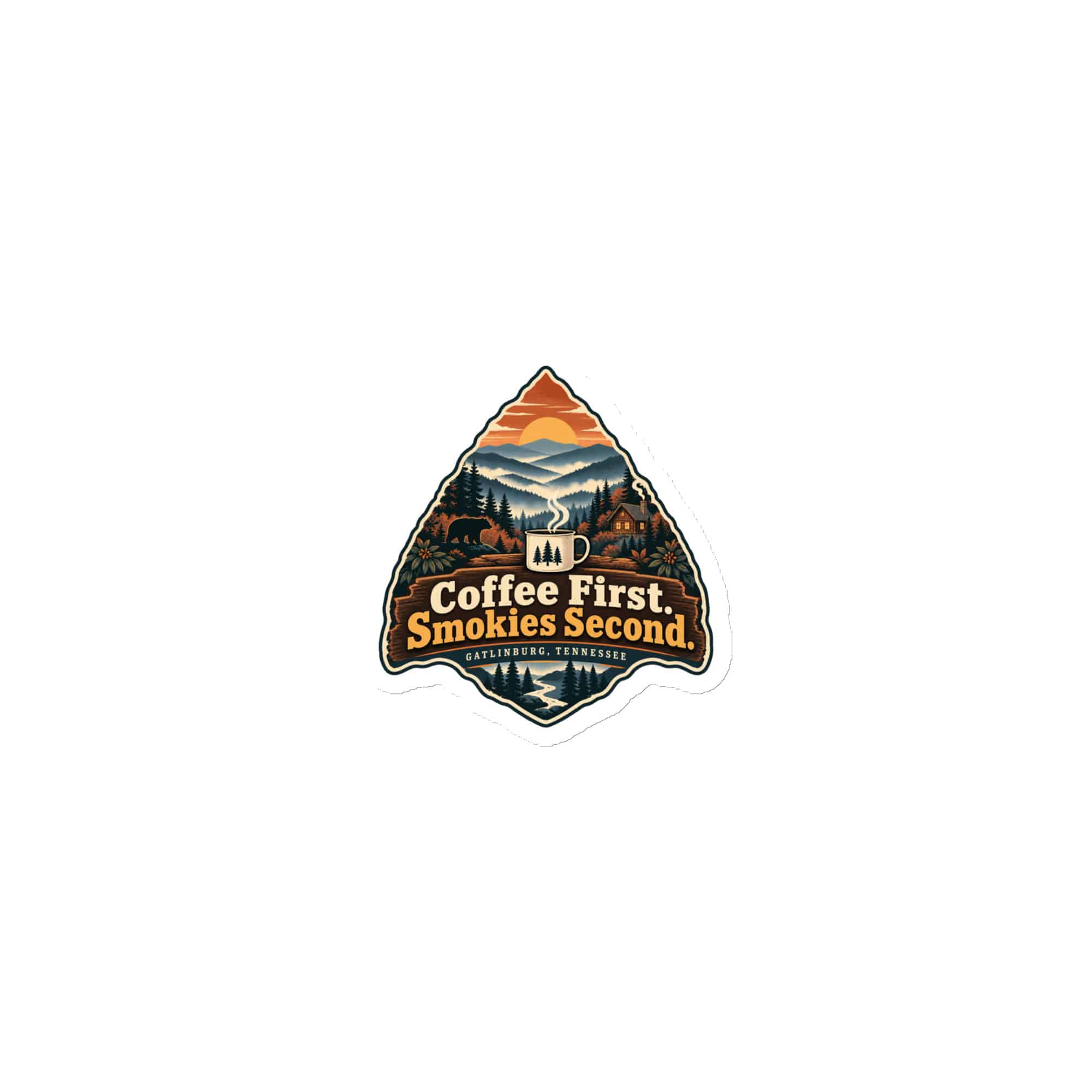 Gatlinburg and the Smokies Die-Cut Magnet: Coffee First. Smokies Second, Scenic Shield Badge