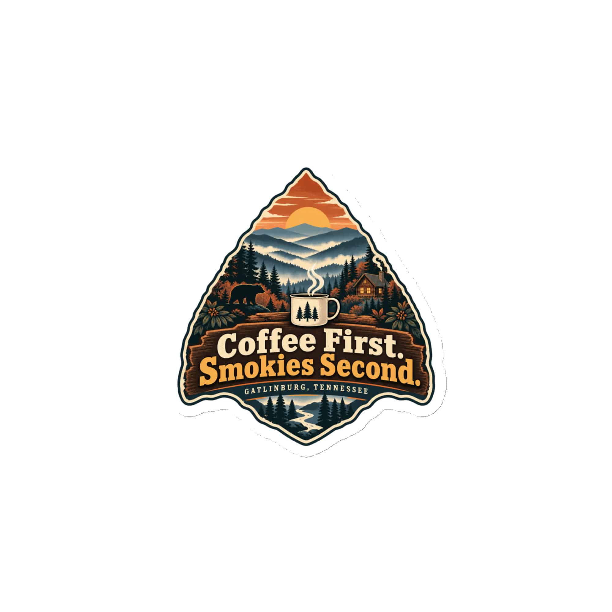Gatlinburg and the Smokies Die-Cut Magnet: Coffee First. Smokies Second, Scenic Shield Badge