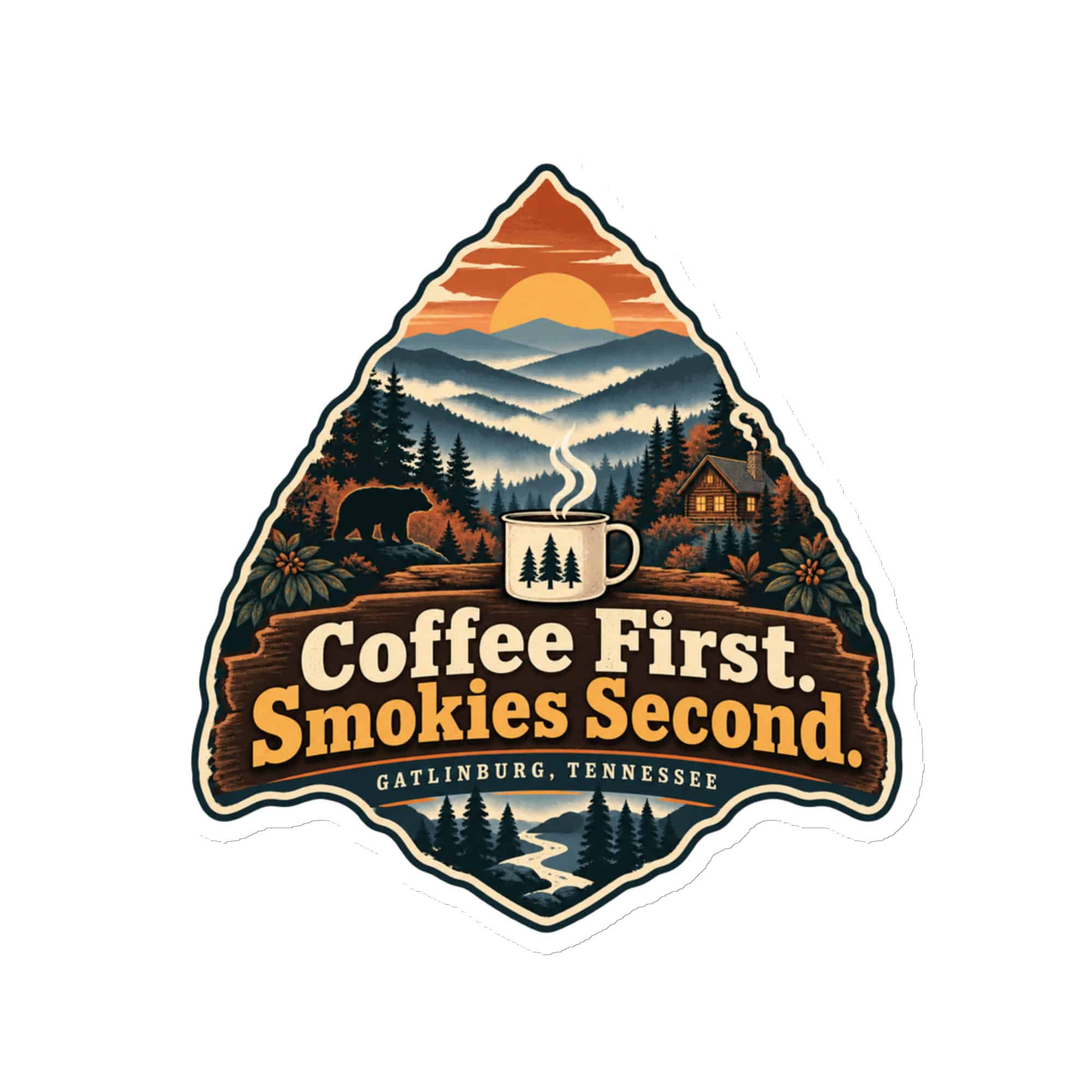 Gatlinburg and the Smokies Die-Cut Magnet: Coffee First. Smokies Second, Scenic Shield Badge