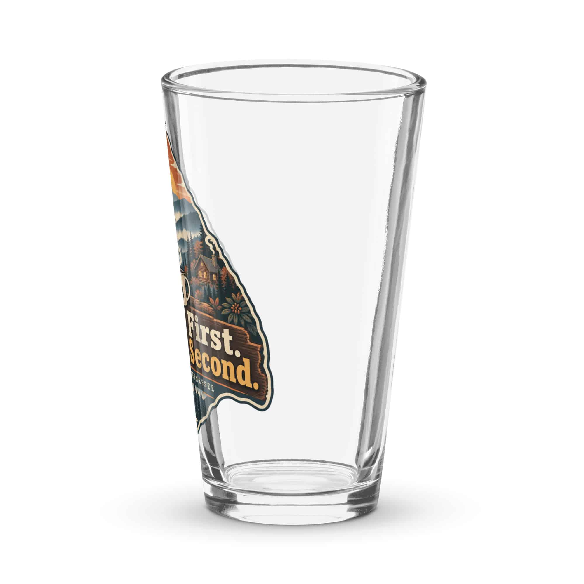 Gatlinburg and the Smokies Pint Glass: Coffee First. Smokies Second, Scenic Shield Badge