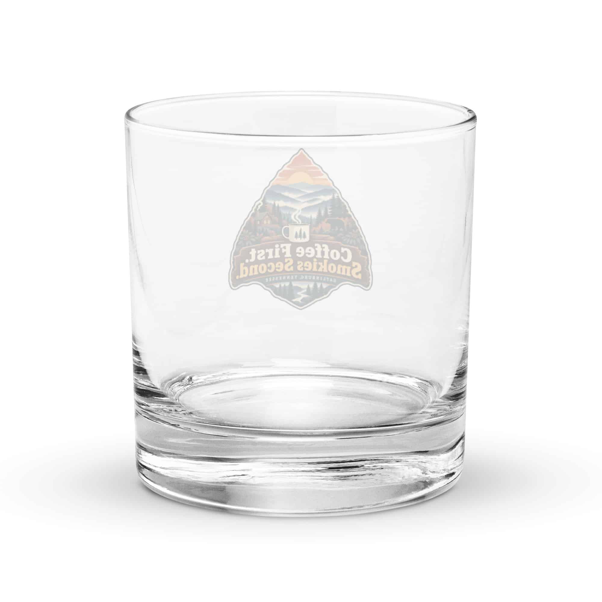 Gatlinburg and the Smokies Rocks Glass: Coffee First. Smokies Second, Scenic Shield Badge