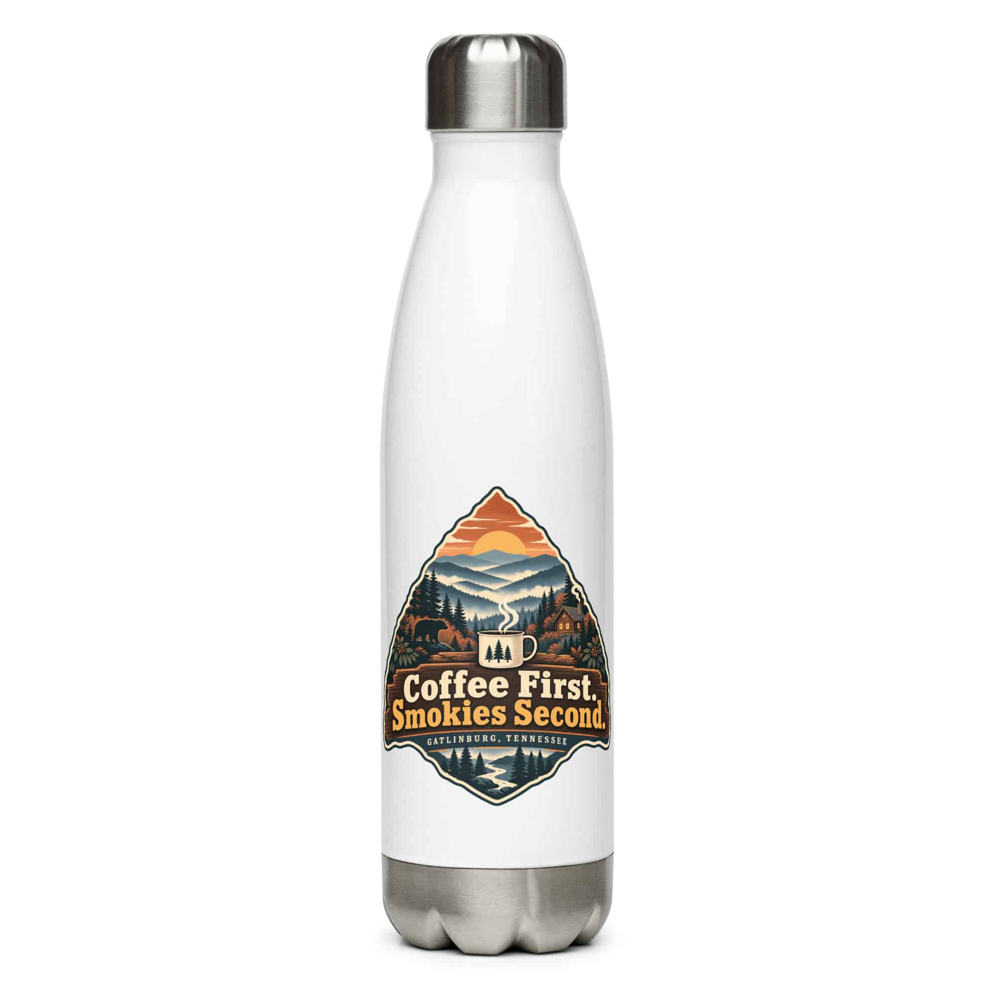 Gatlinburg and the Smokies Stainless Steel Water Bottle: Coffee First. Smokies Second, Scenic Shield Badge