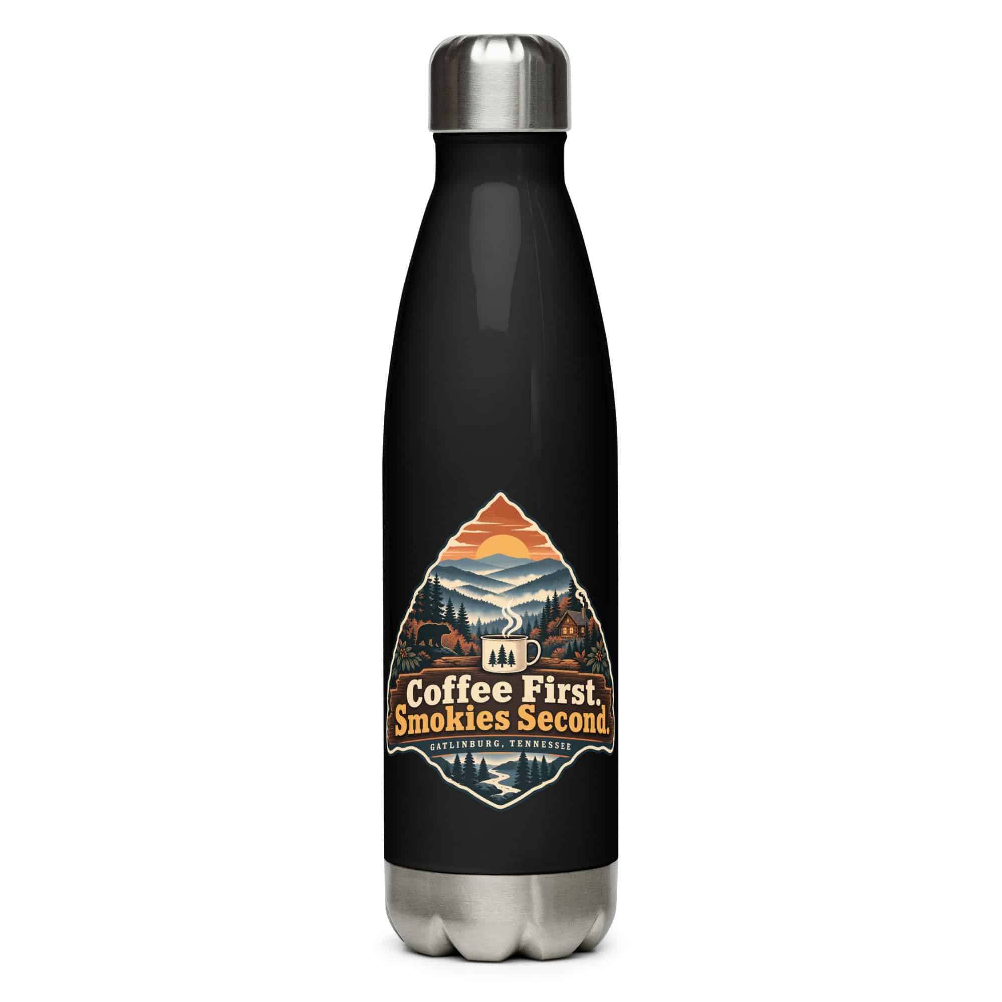 Gatlinburg and the Smokies Stainless Steel Water Bottle: Coffee First. Smokies Second, Scenic Shield Badge