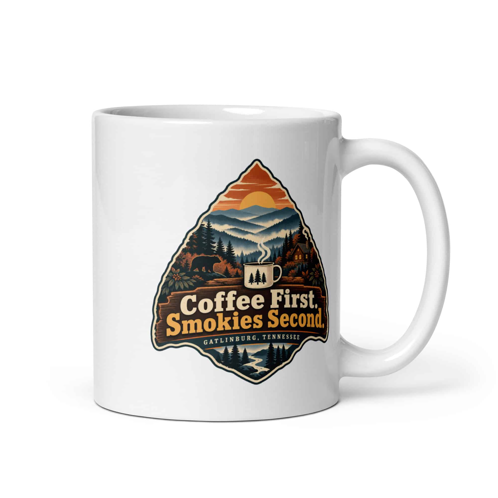 Gatlinburg and the Smokies White Ceramic Coffee Mug: Coffee First. Smokies Second, Scenic Shield Badge