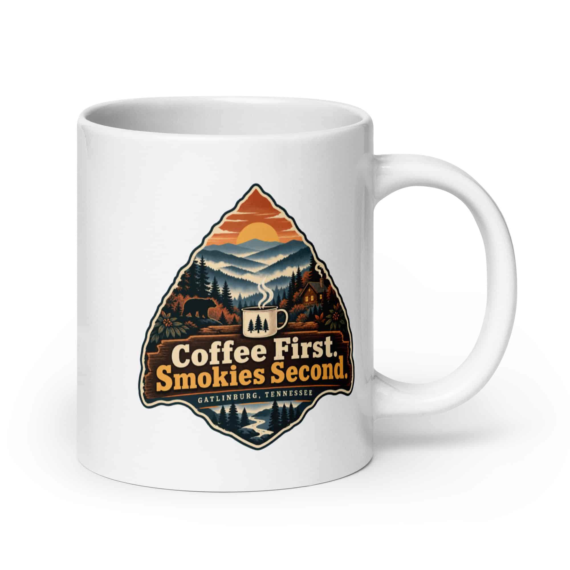 Gatlinburg and the Smokies White Ceramic Coffee Mug: Coffee First. Smokies Second, Scenic Shield Badge