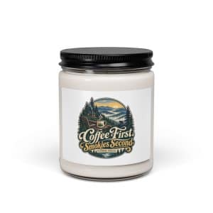 Gatlinburg and the Smokies Soy Wax Candle: Coffee First. Smokies Second, Woodland Scenic Lettering - 9oz - Main