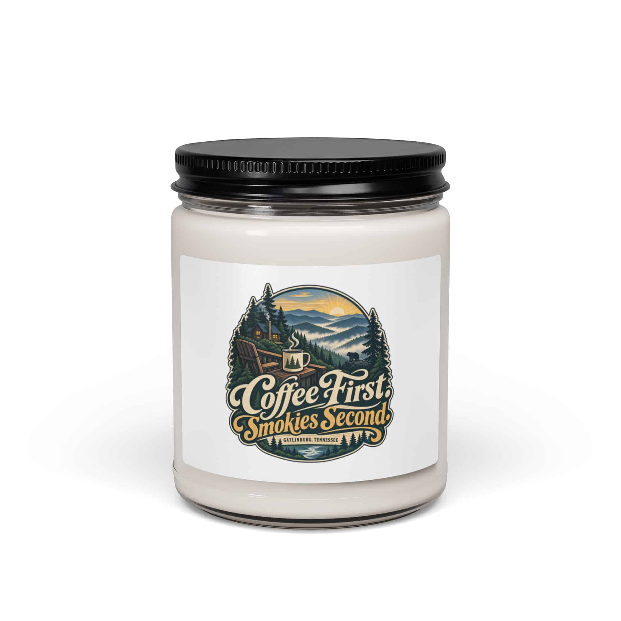Gatlinburg and the Smokies Soy Wax Candle: Coffee First. Smokies Second, Woodland Scenic Lettering