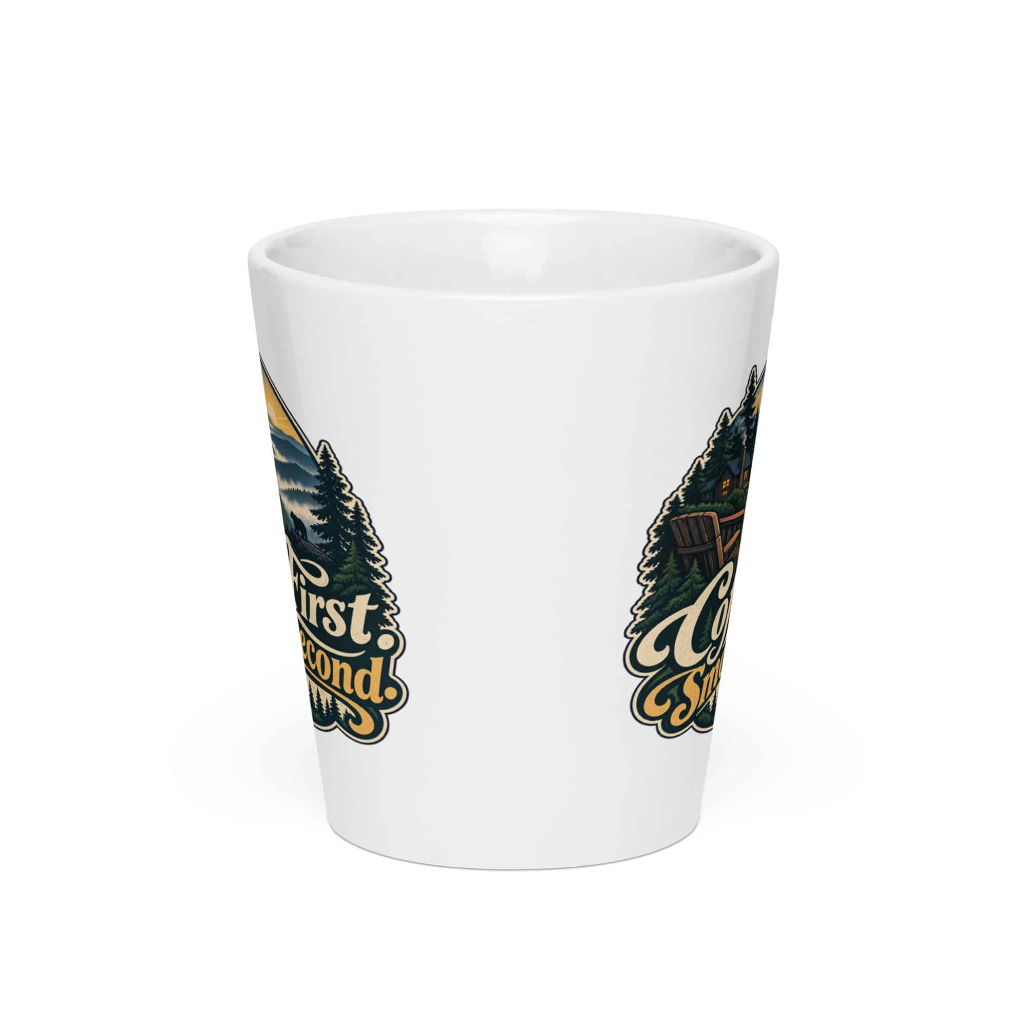Gatlinburg and the Smokies Latte Mug: Coffee First. Smokies Second, Woodland Scenic Lettering