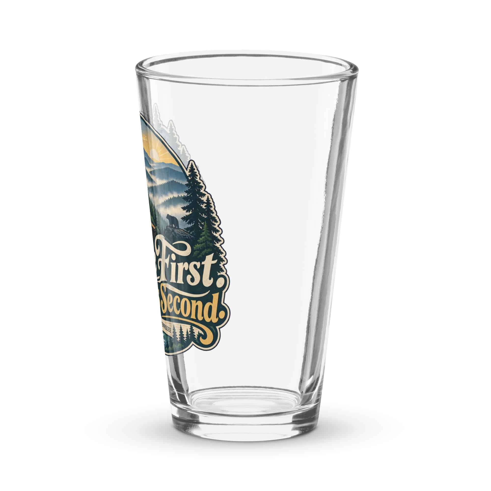 Gatlinburg and the Smokies Pint Glass: Coffee First. Smokies Second, Woodland Scenic Lettering
