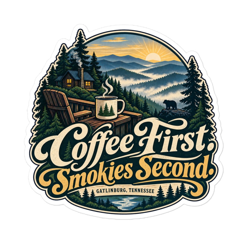 Gatlinburg and the Smokies Vinyl Sticker: Coffee First. Smokies Second, Woodland Scenic Lettering