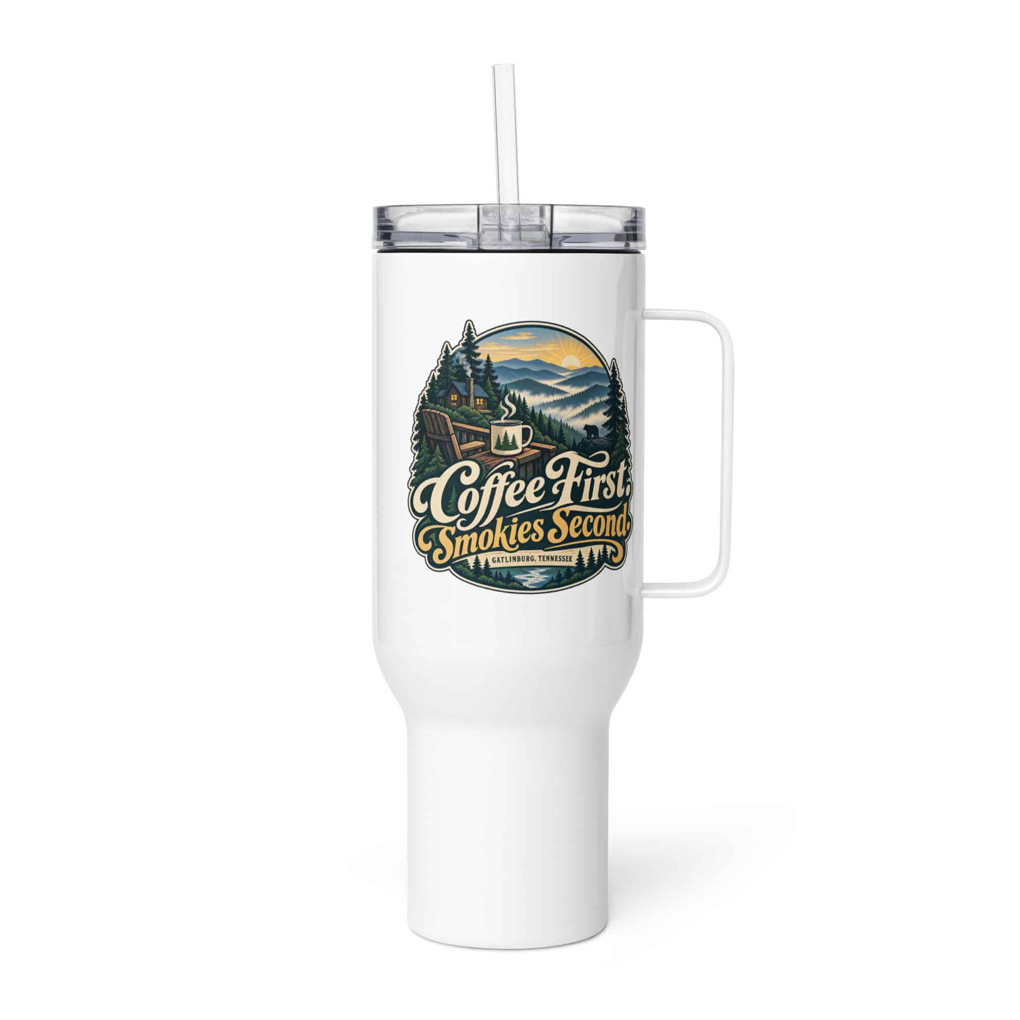 Gatlinburg and the Smokies Travel Mug: Coffee First. Smokies Second, Woodland Scenic Lettering