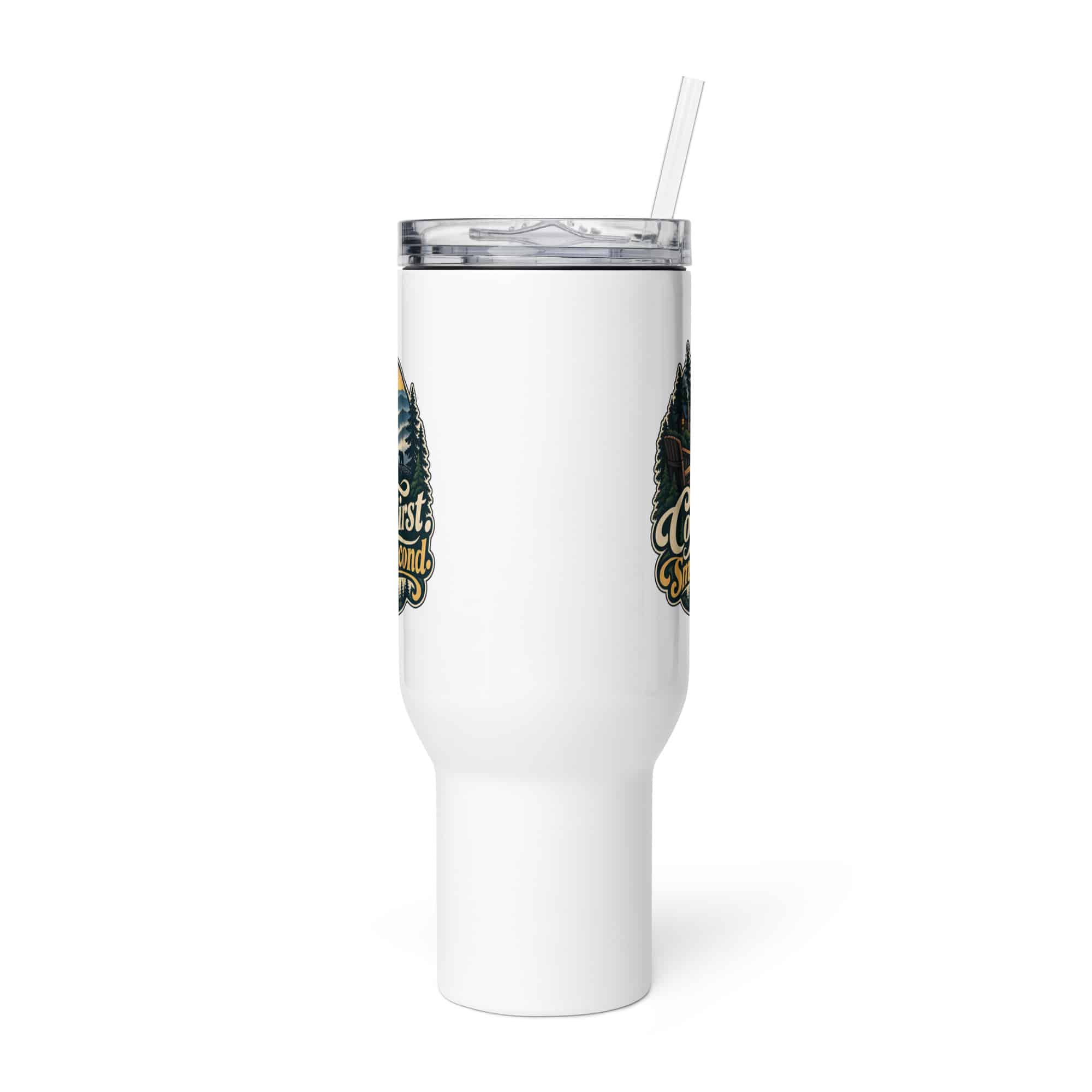 Gatlinburg and the Smokies Travel Mug: Coffee First. Smokies Second, Woodland Scenic Lettering