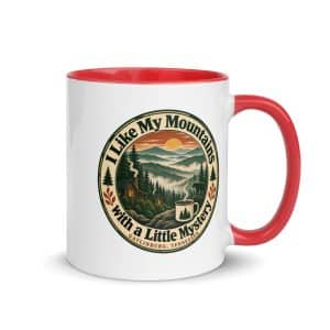 Gatlinburg and the Smokies Color Inside Coffee Mug: I Like My Mountains with a Little Mystery, Vintage Round Badge - 11 oz - Main