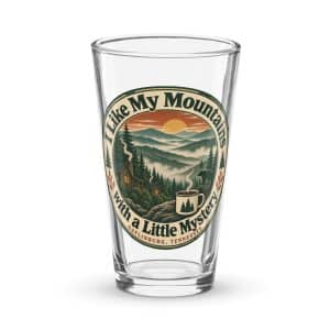 Gatlinburg and the Smokies Pint Glass: I Like My Mountains with a Little Mystery, Vintage Round Badge - 16 oz - Main