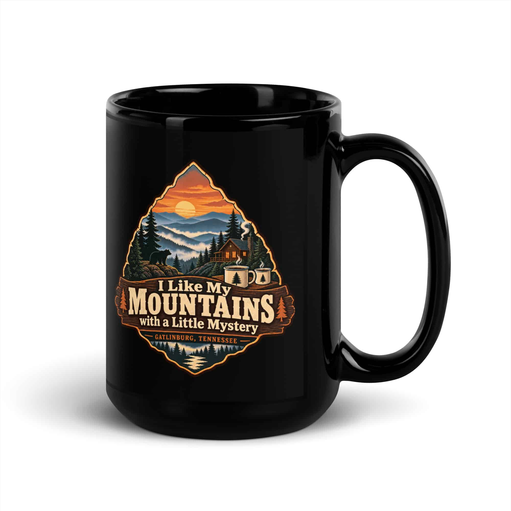 Gatlinburg and the Smokies Black Coffee Mug: I Like My Mountains with a Little Mystery, Scenic Shield Badge