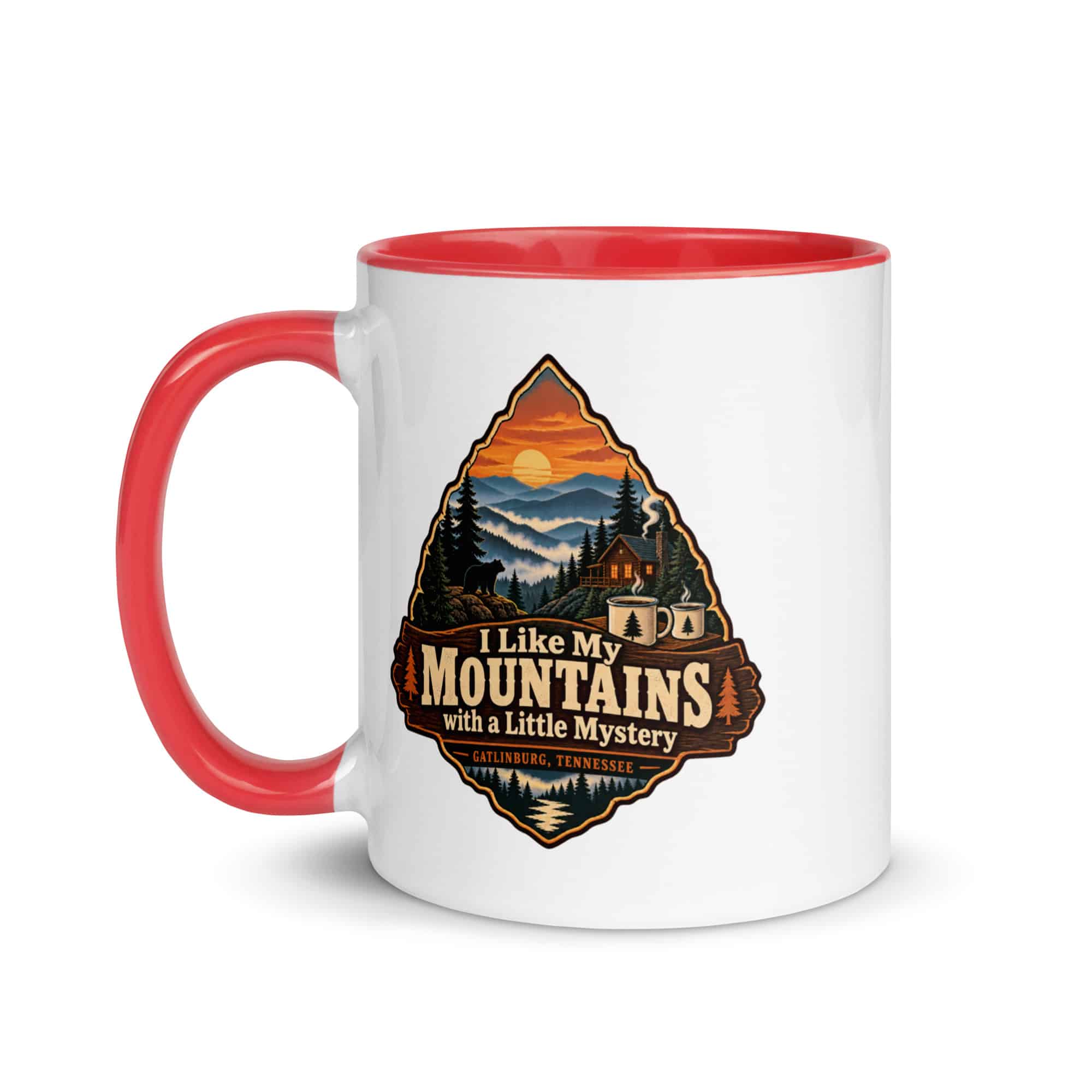 Gatlinburg and the Smokies Color Inside Coffee Mug: I Like My Mountains with a Little Mystery, Scenic Shield Badge