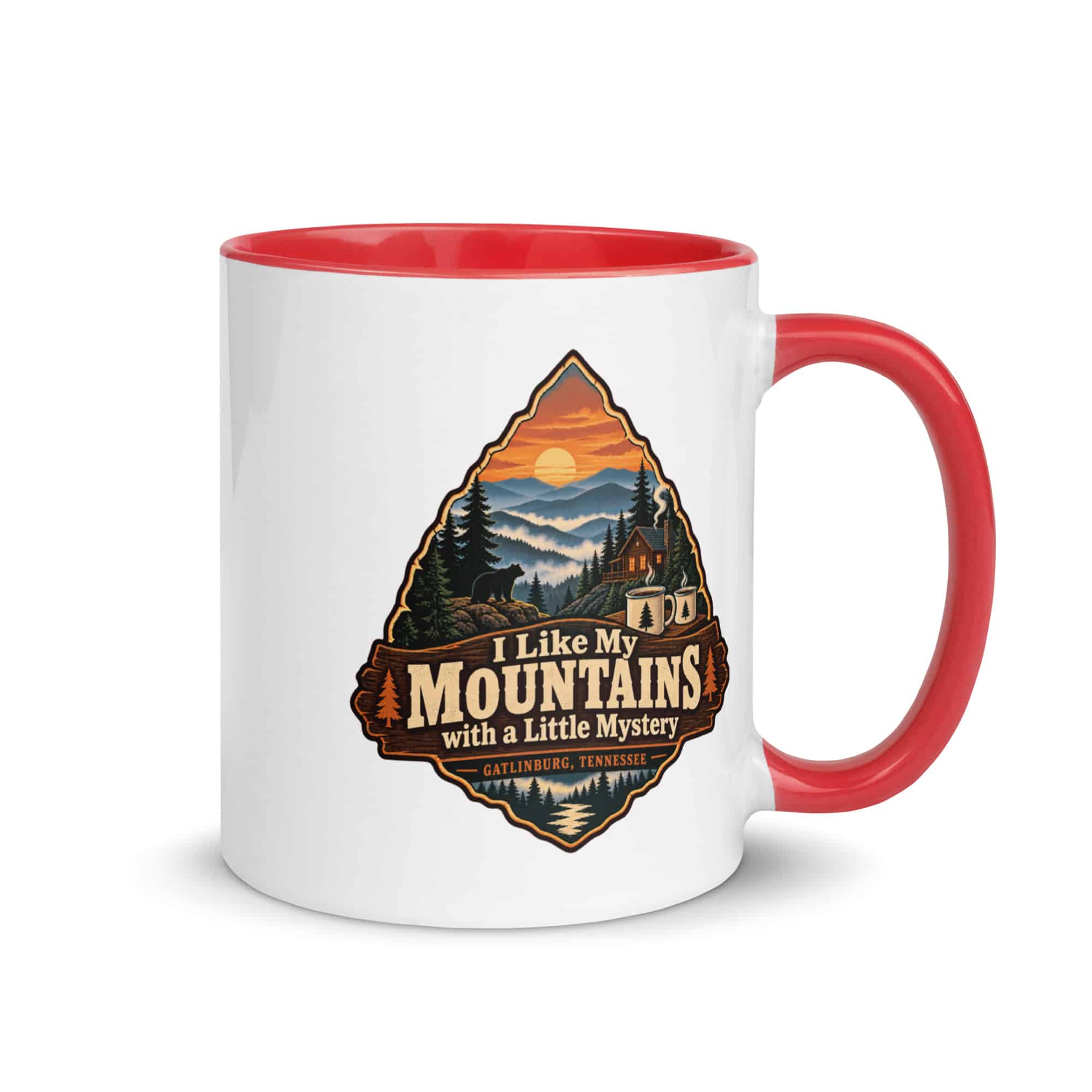Gatlinburg and the Smokies Color Inside Coffee Mug: I Like My Mountains with a Little Mystery, Scenic Shield Badge