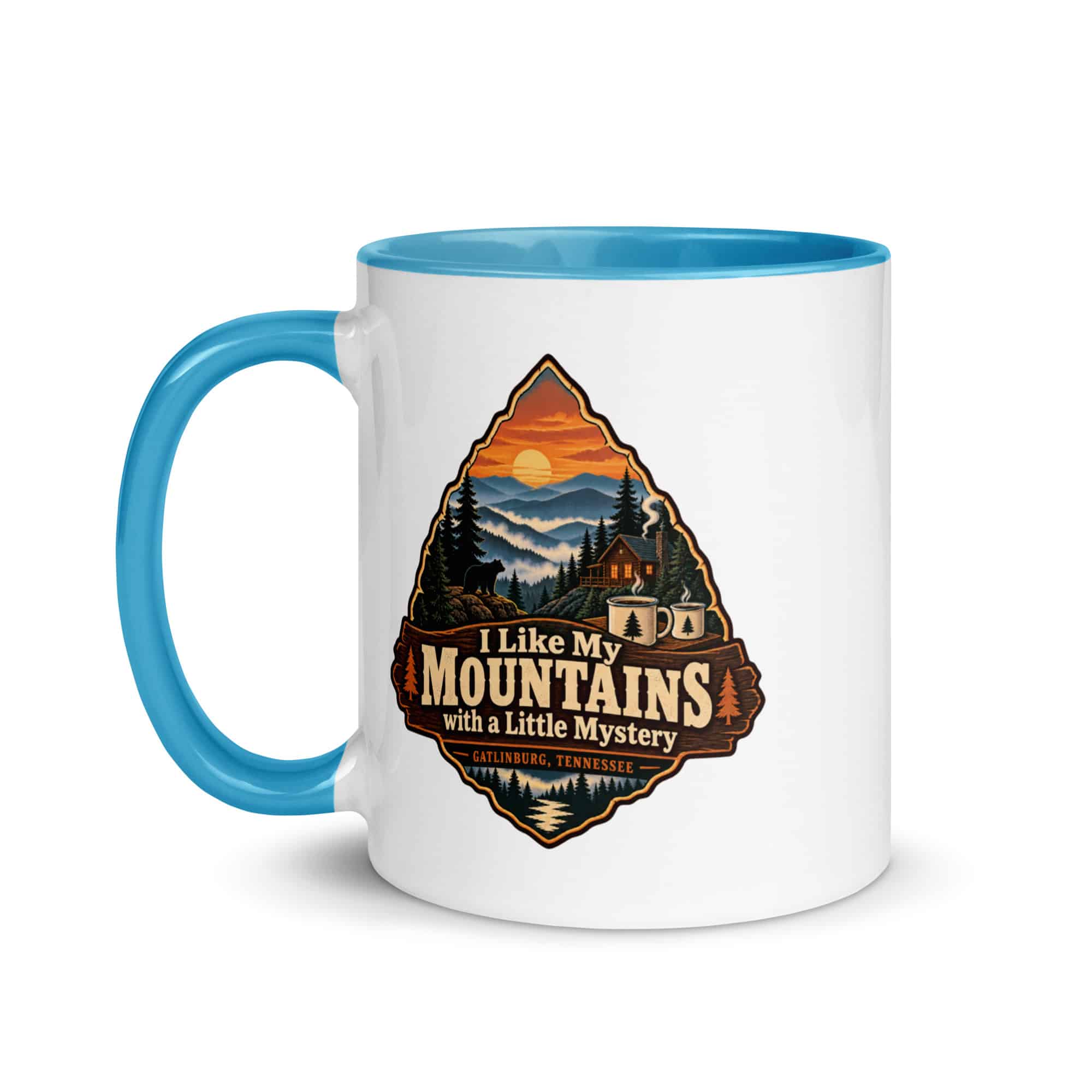 Gatlinburg and the Smokies Color Inside Coffee Mug: I Like My Mountains with a Little Mystery, Scenic Shield Badge