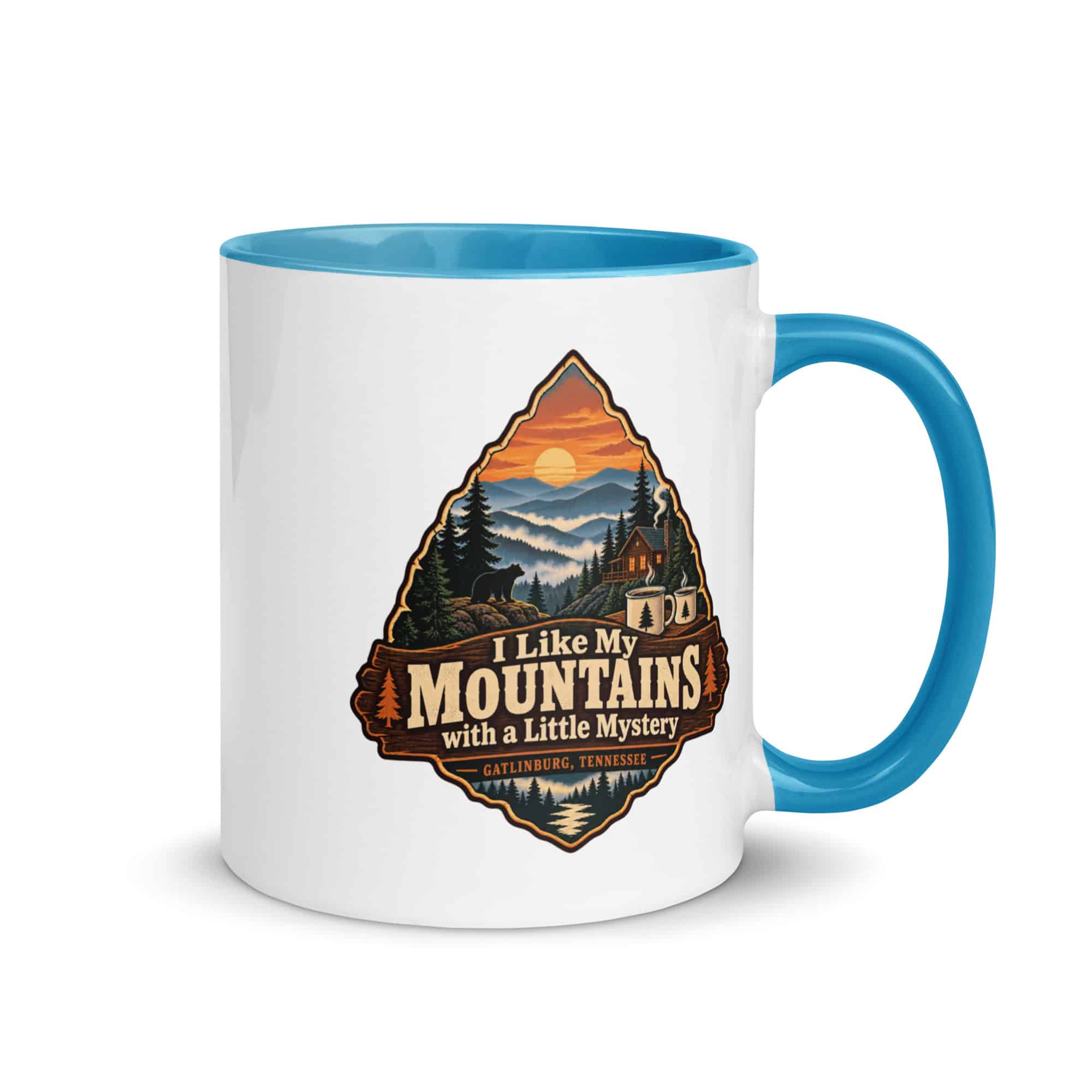 Gatlinburg and the Smokies Color Inside Coffee Mug: I Like My Mountains with a Little Mystery, Scenic Shield Badge